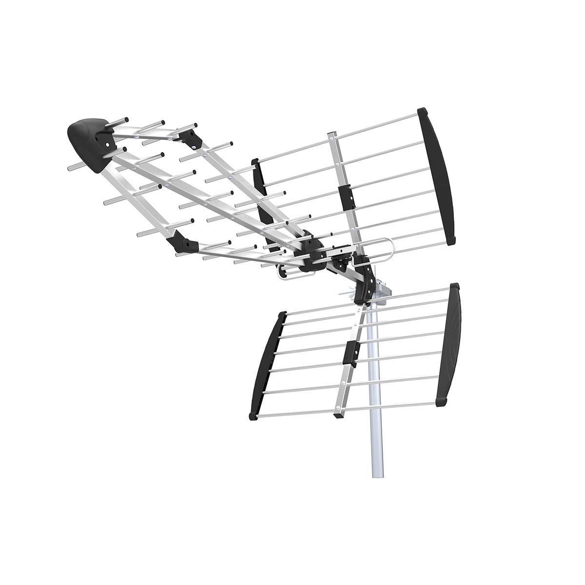 Antenne met parallelle metalen staven en zwarte connector op witte achtergrond.