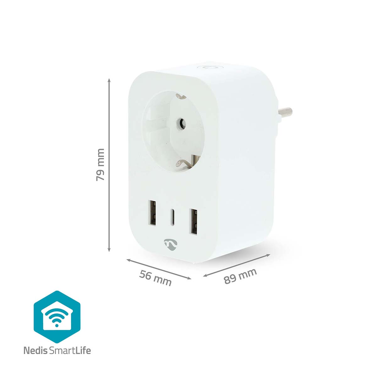 Een witte slimme stekker met twee USB-poorten en een stopcontact. Afmetingen zijn ook aangegeven.