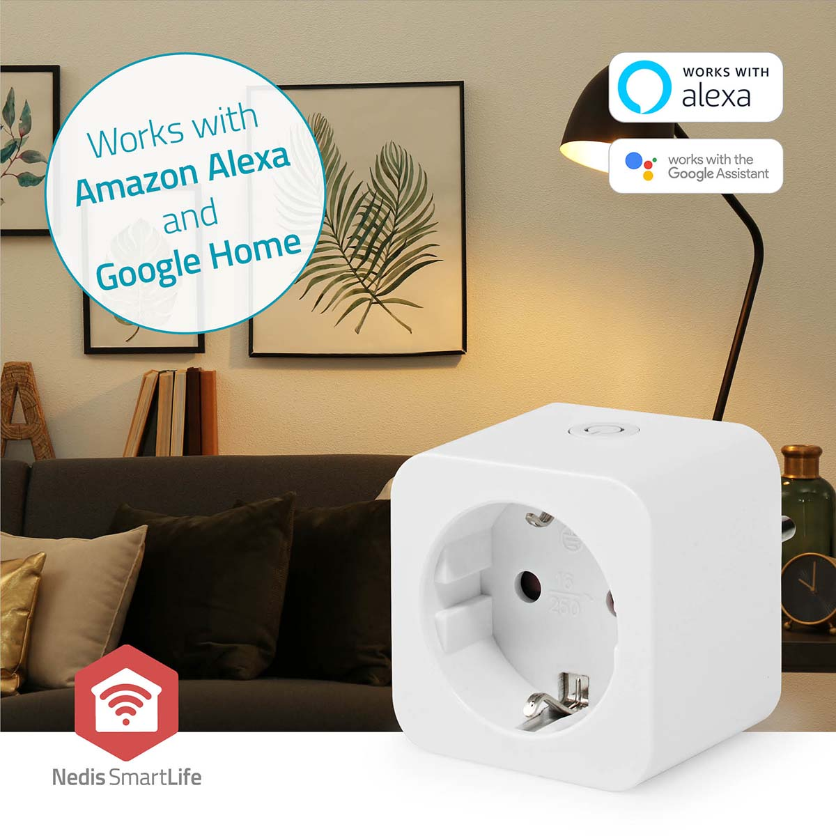 A smart plug with a wall socket, with text indicating compatibility with Alexa and Google Home.