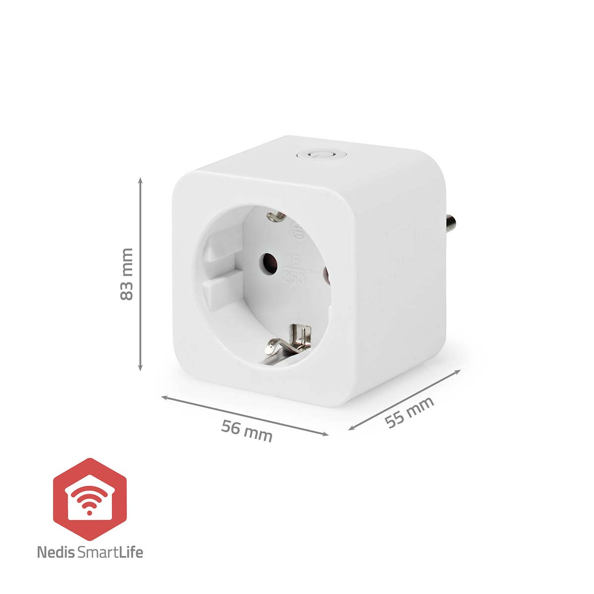 White cube-shaped smart plug with dimensions, showing a socket and a plug. Measurements are given in mm.