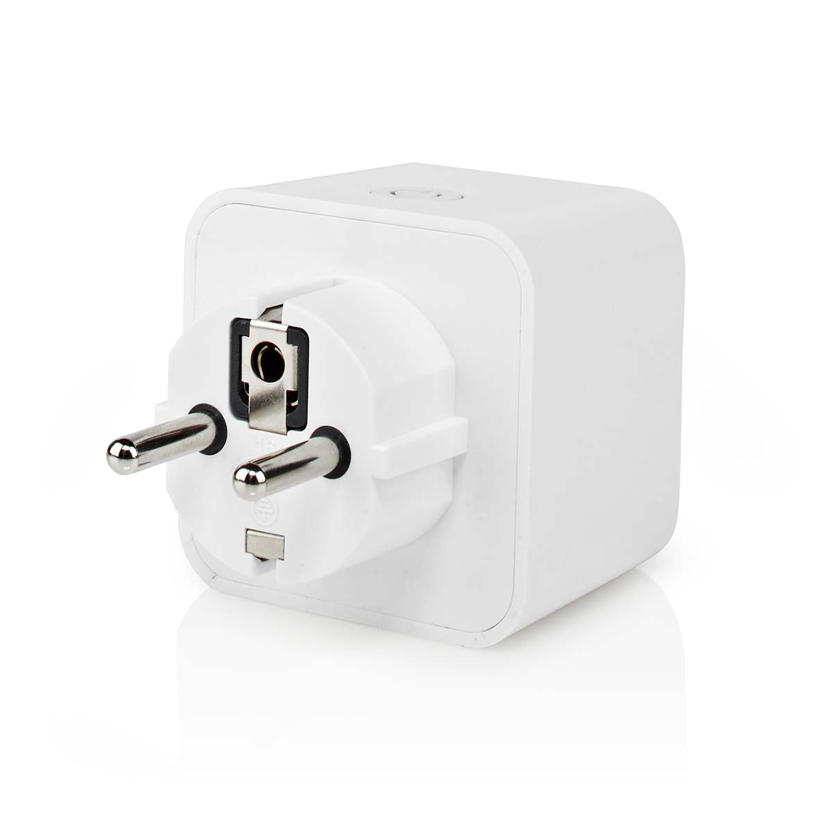 A white power plug with two pins. It is a European-style plug. The plug is on a white background.