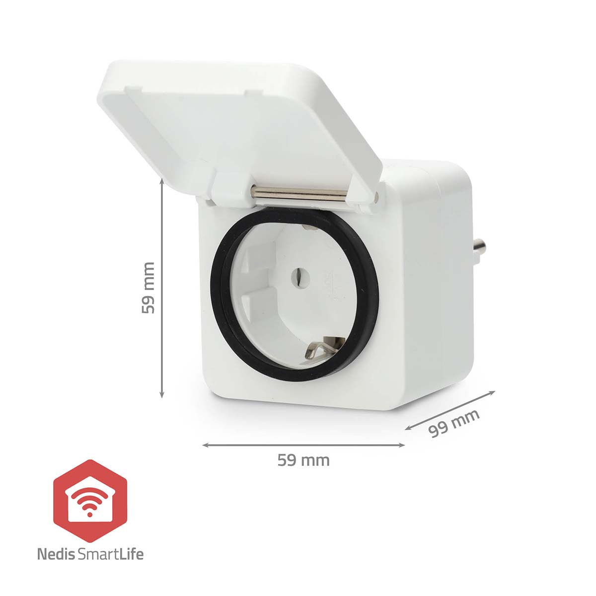 Witte buitenstopcontact. Open deksel, zwart interieur, afmetingen getoond, rood logo.