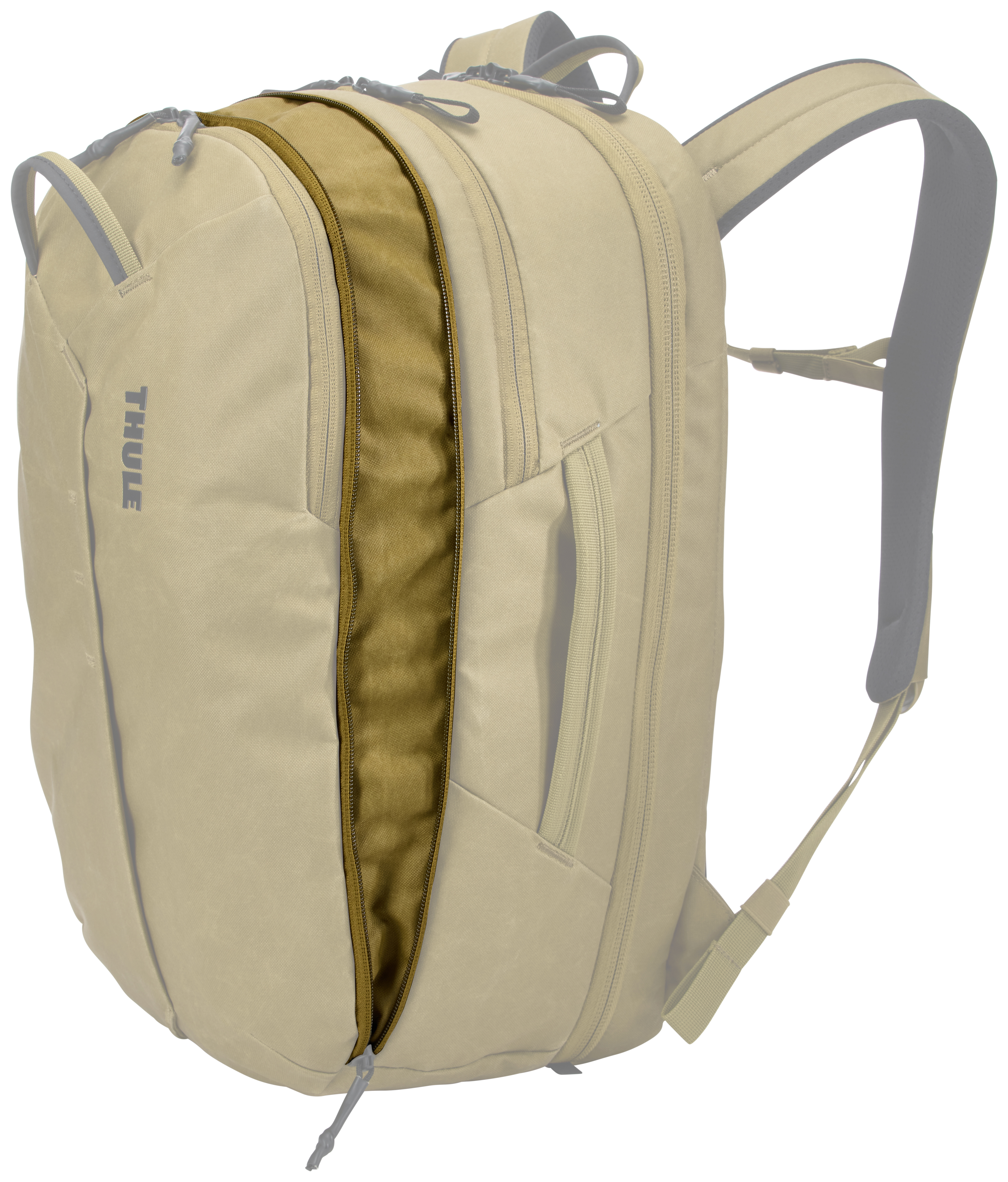 Zaino beige con tasca verde oliva aperta. Logo Thule visibile.