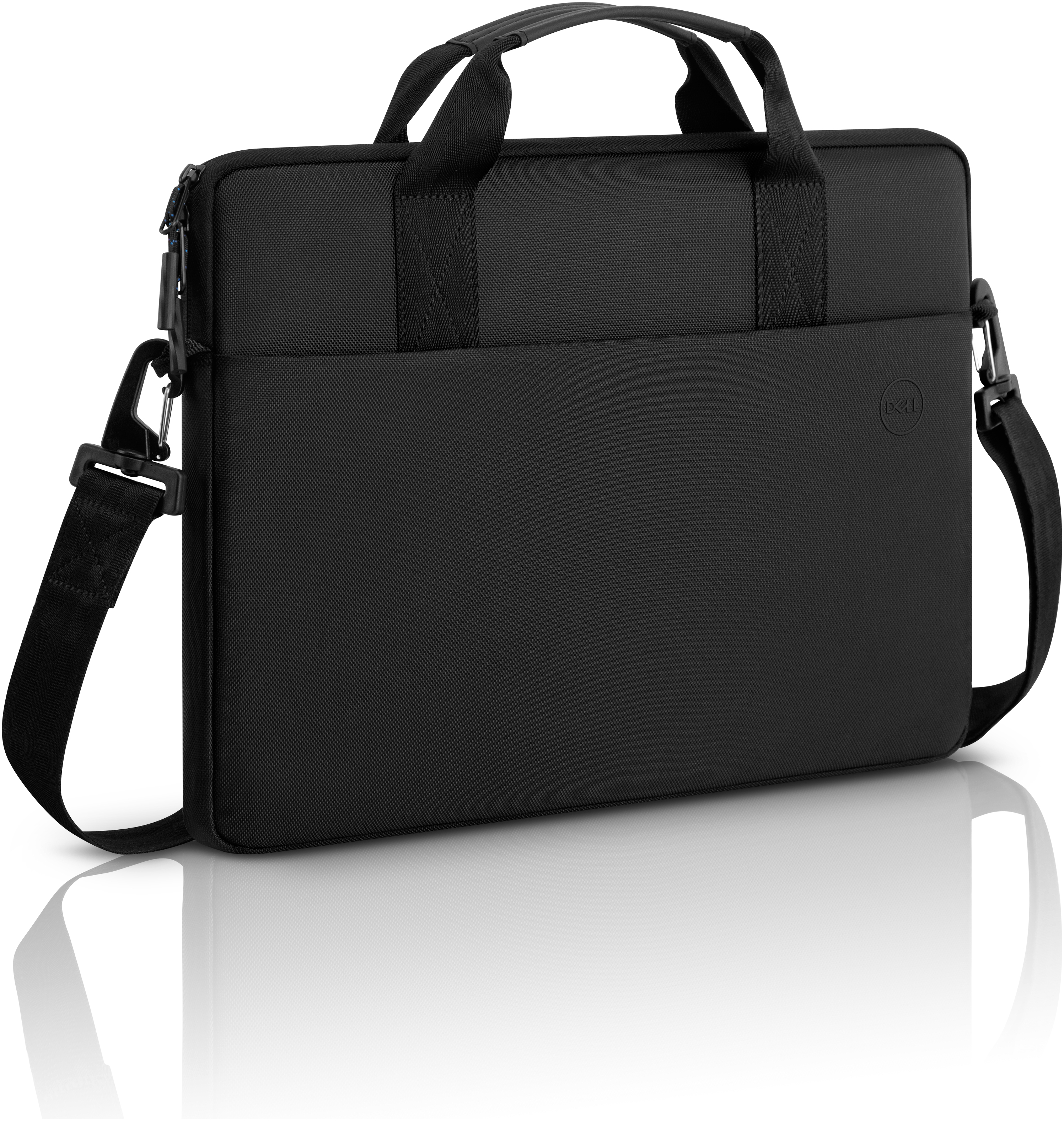 Zwarte Dell laptoptas met schouderriem.