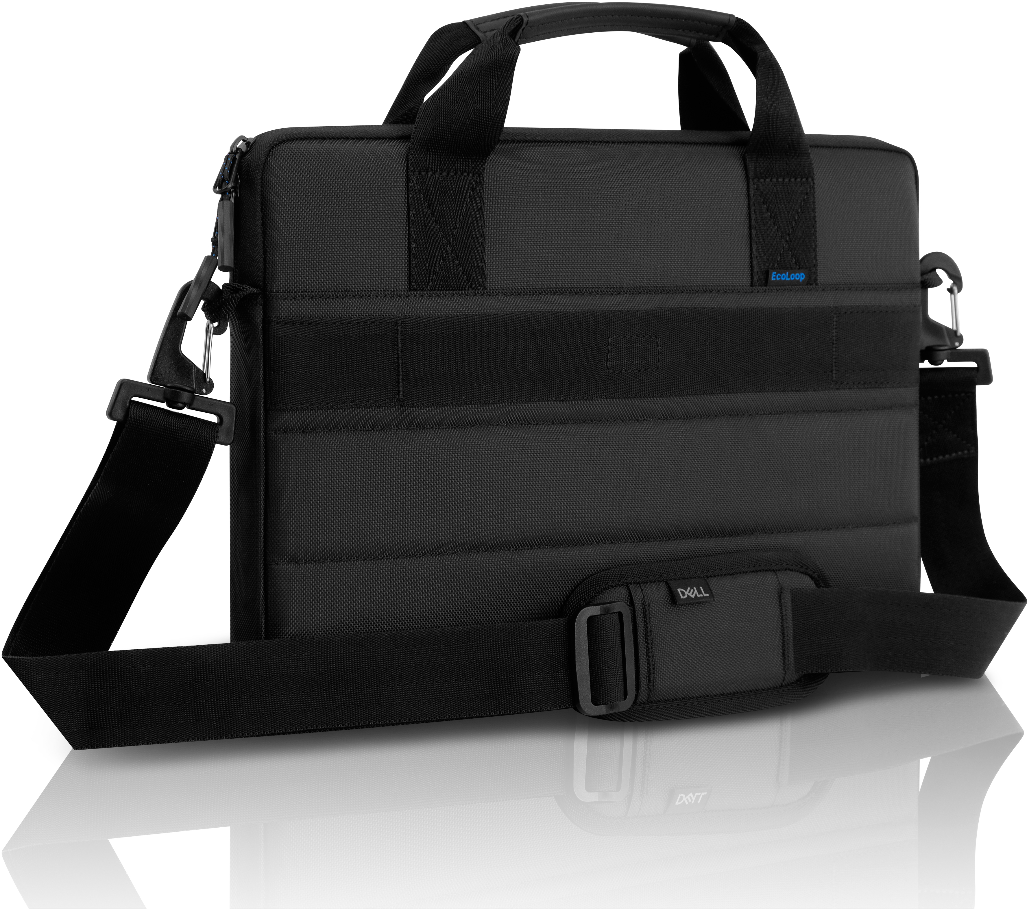 Zwarte Dell laptoptas met schouderriem. Voorzien van handvat en Dell logo.