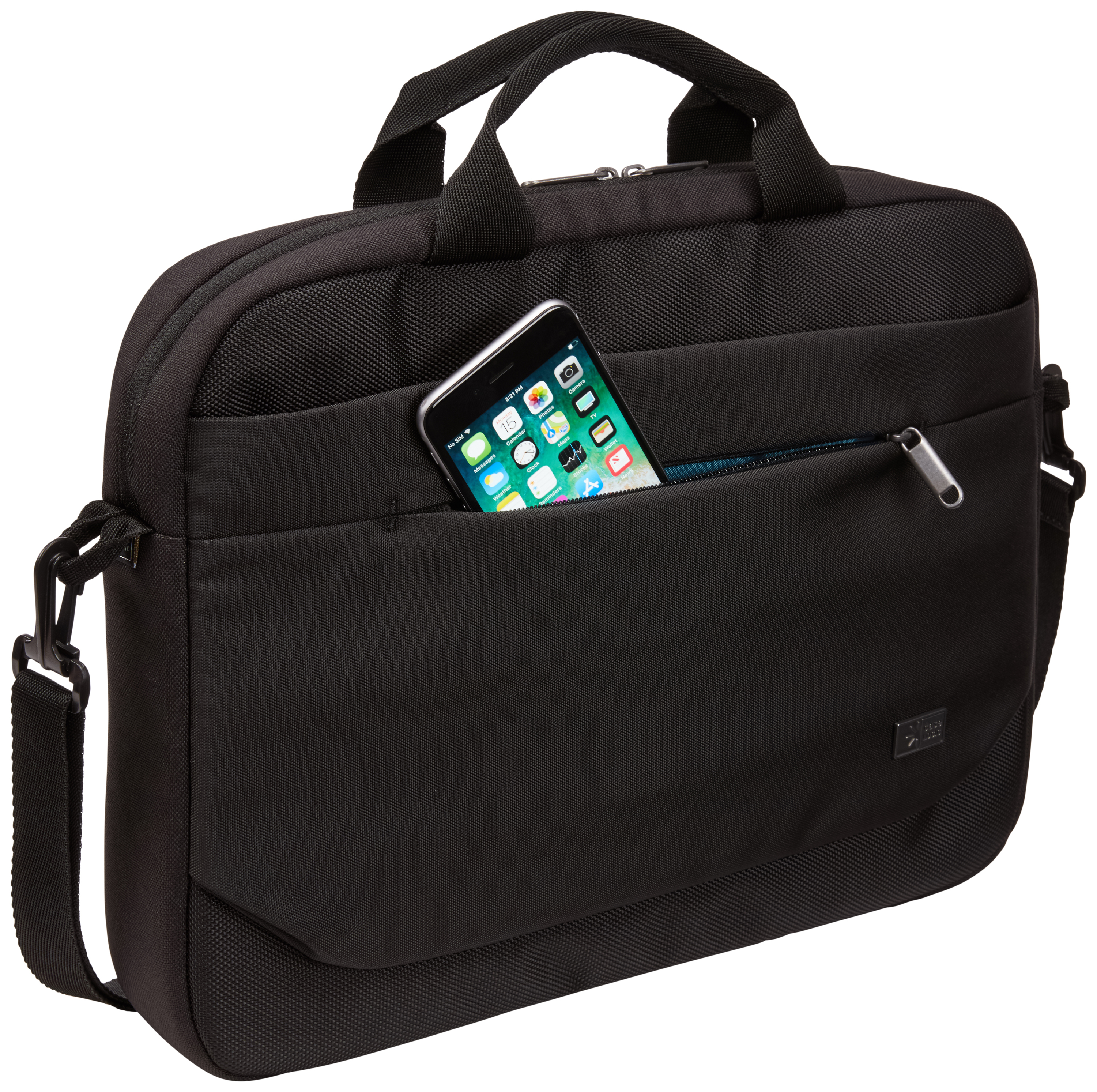 Borsa per laptop nera con telefono nella tasca anteriore. Sfondo bianco.