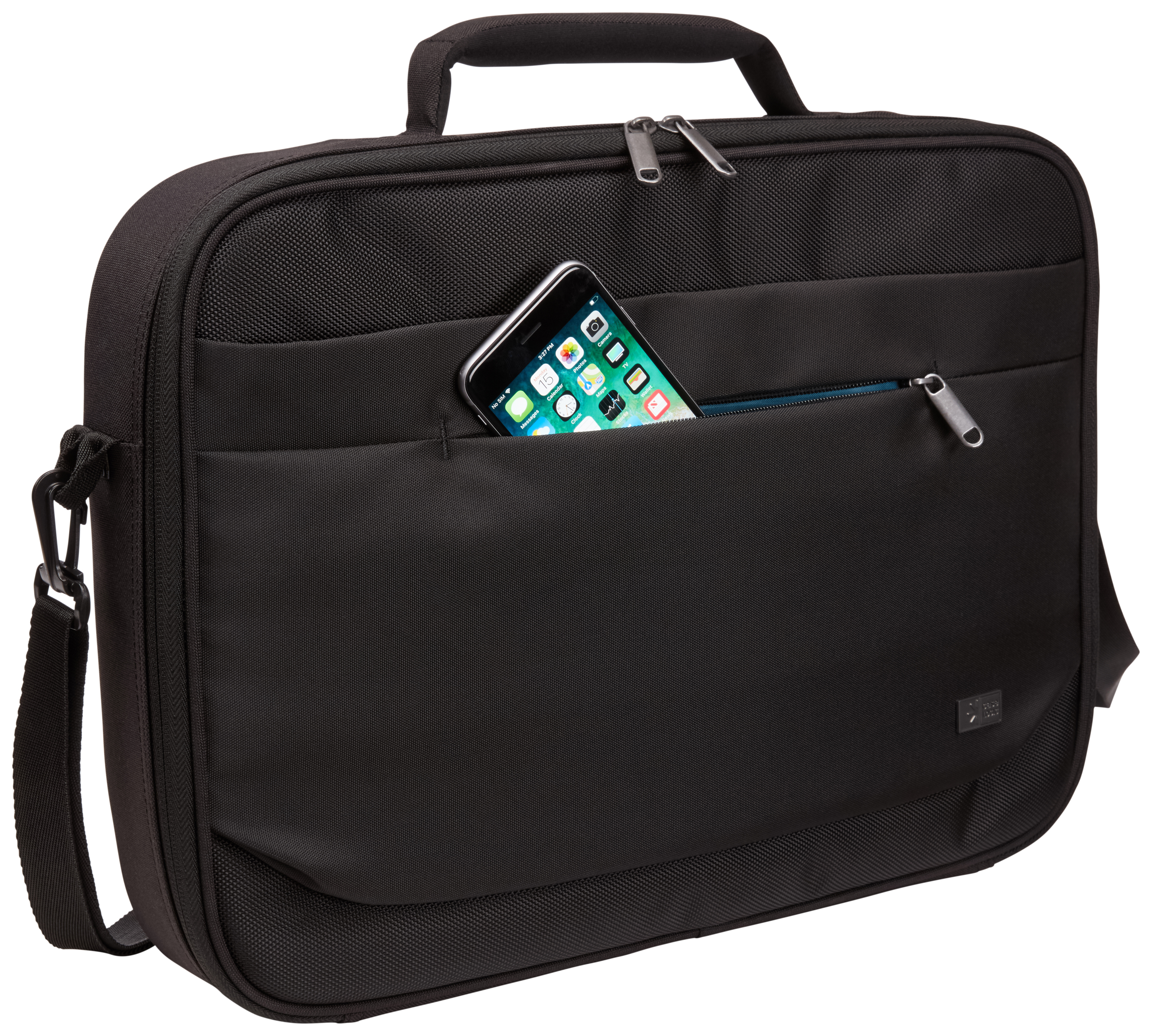 Borsa nera per laptop con smartphone nella tasca anteriore. Ha una tracolla e cerniere argentate.