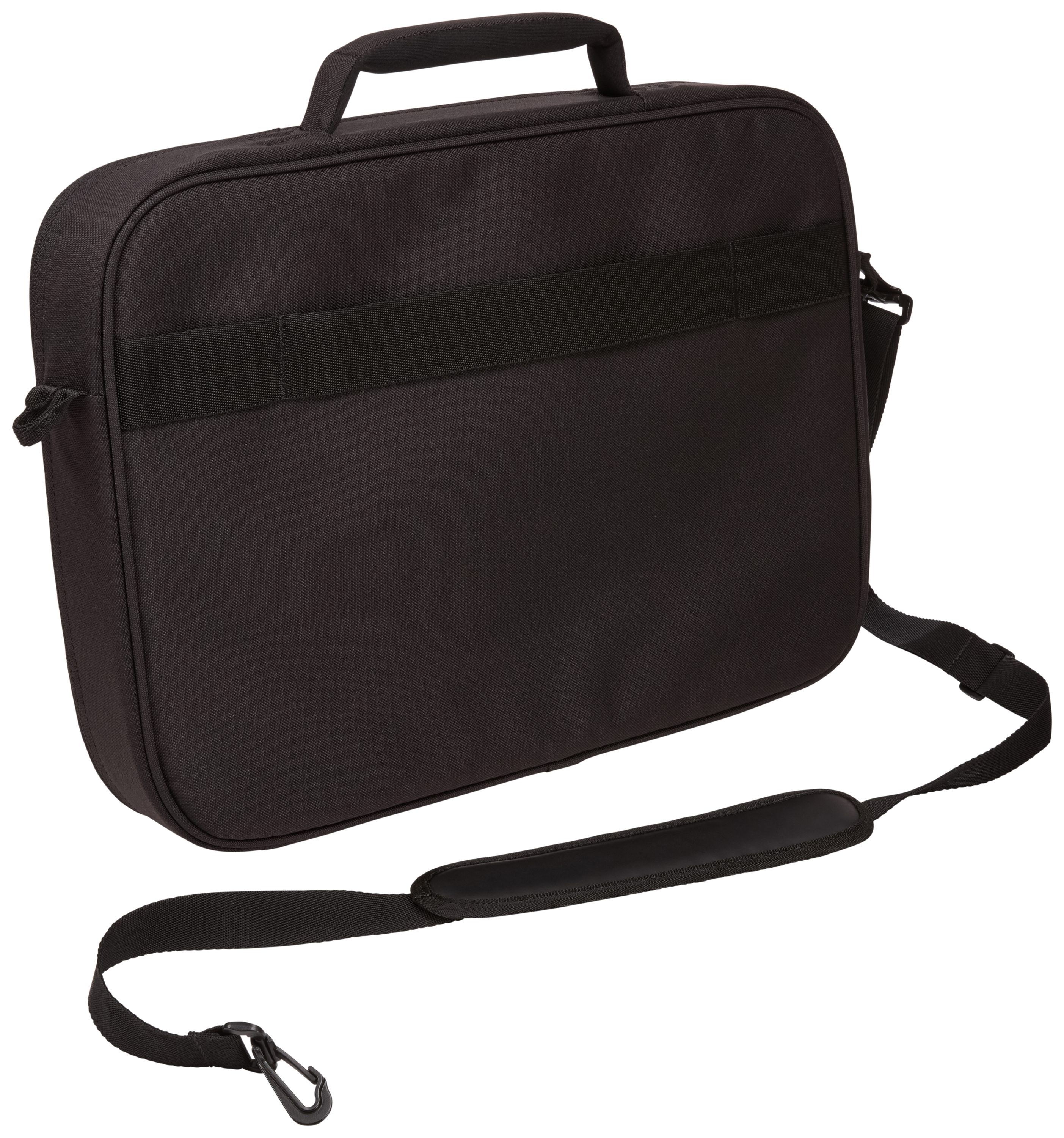 Borsa rettangolare nera per laptop con manico, tracolla e fascia elastica nera.