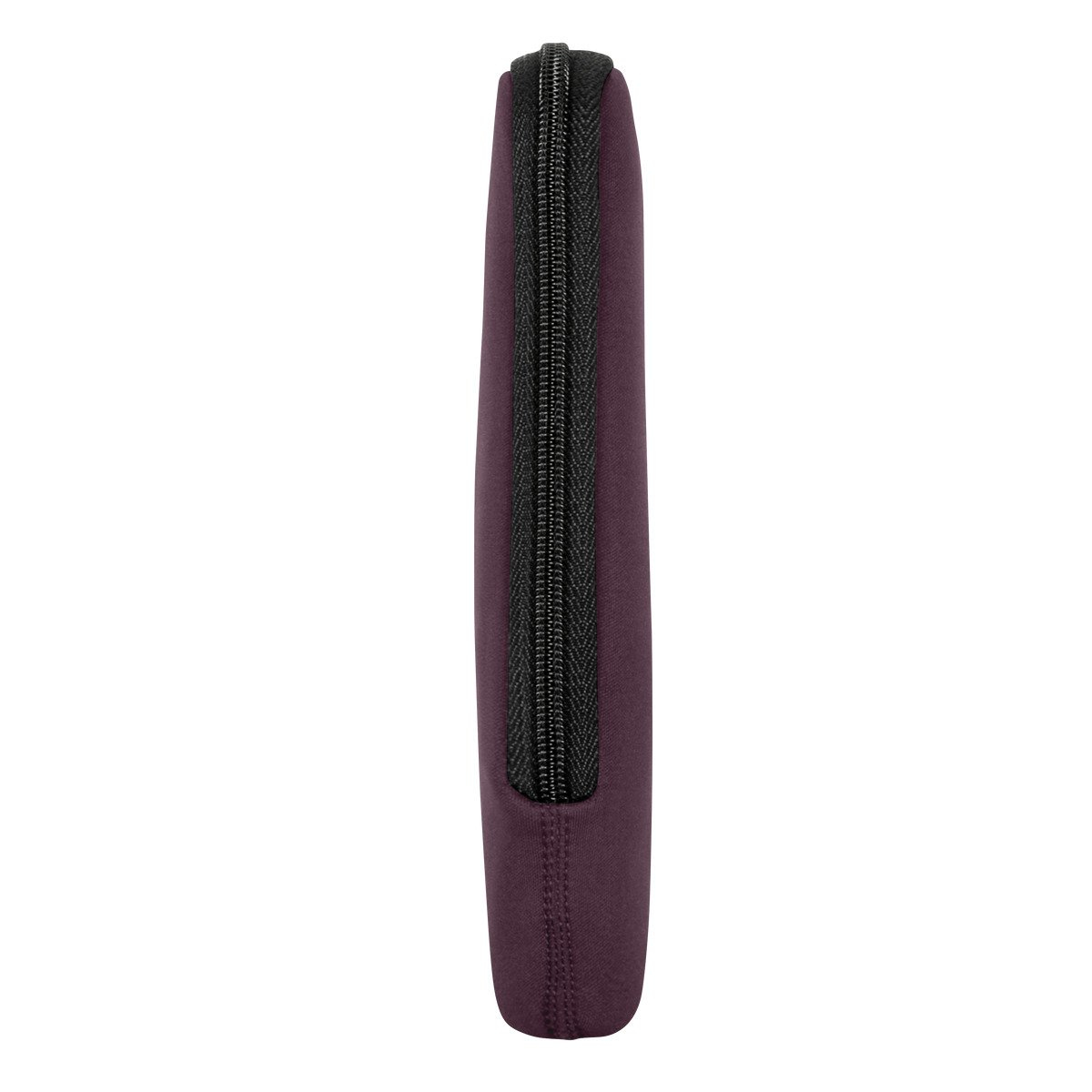 Custodia per laptop viola. La custodia è chiusa con una cerniera nera. Lo sfondo è bianco.