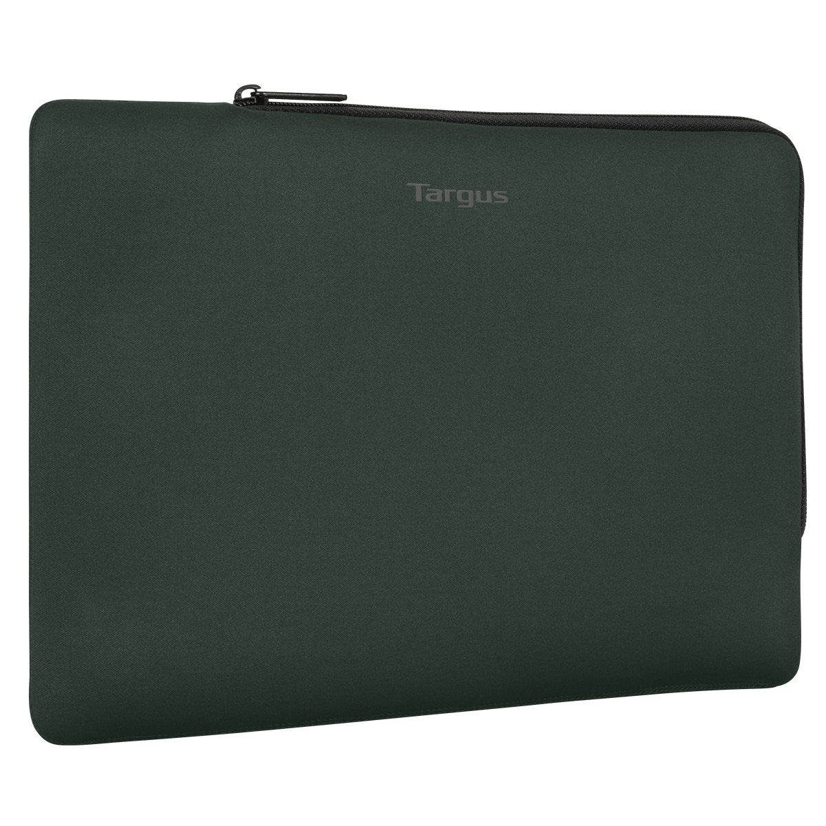 Custodia per laptop Targus verde scuro, chiusa. Il logo Targus è stampato.