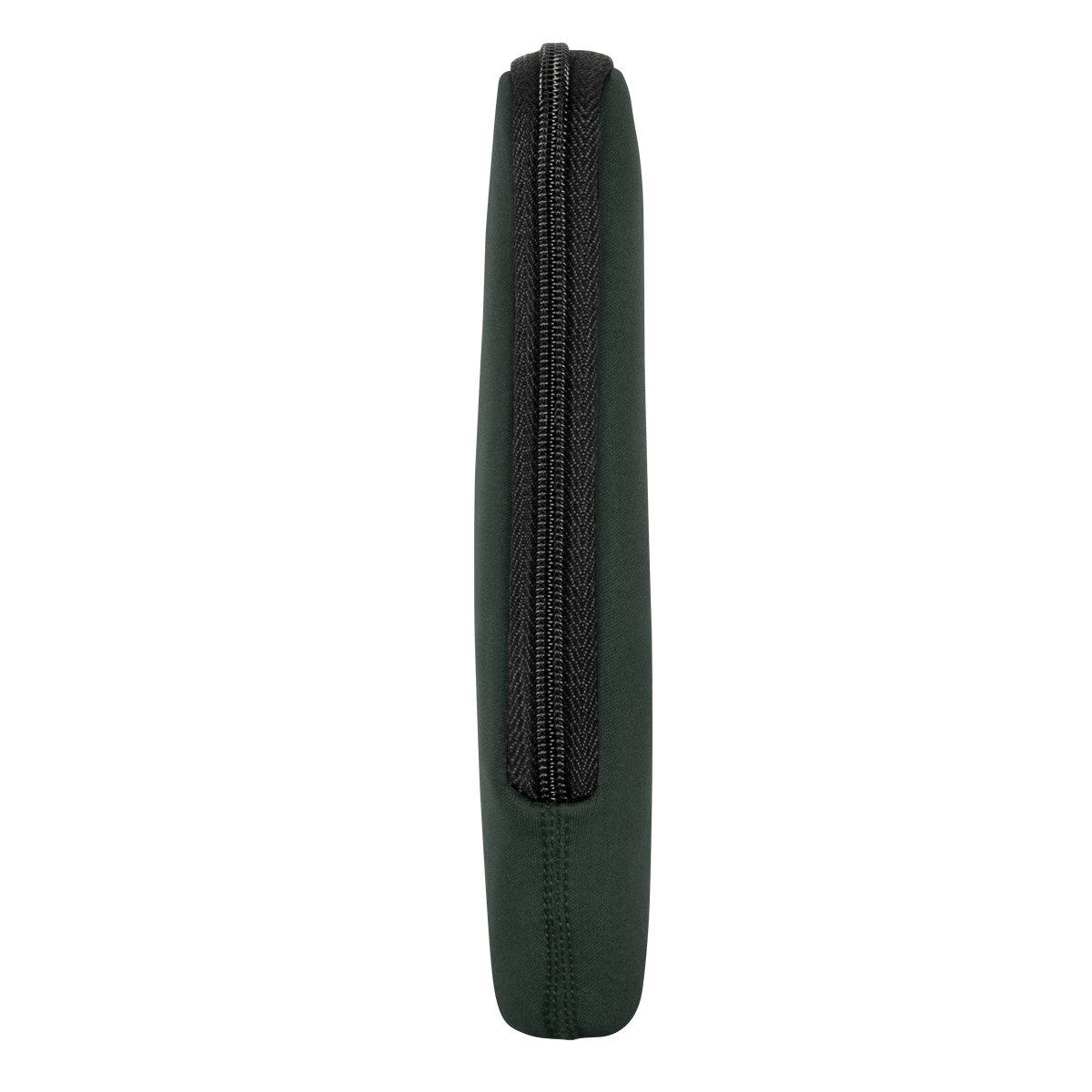 Custodia per laptop verde scuro con cerniera nera. Sfondo bianco.