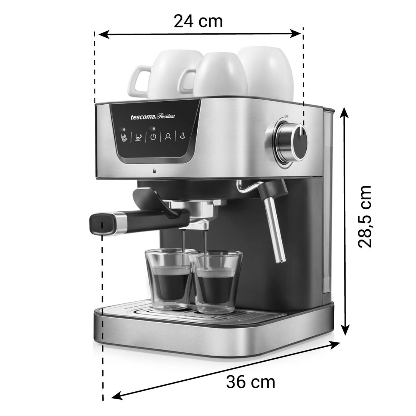 Espressomaschine mit Tassen, mit Maßen. Silber und schwarz. Weißer Hintergrund.