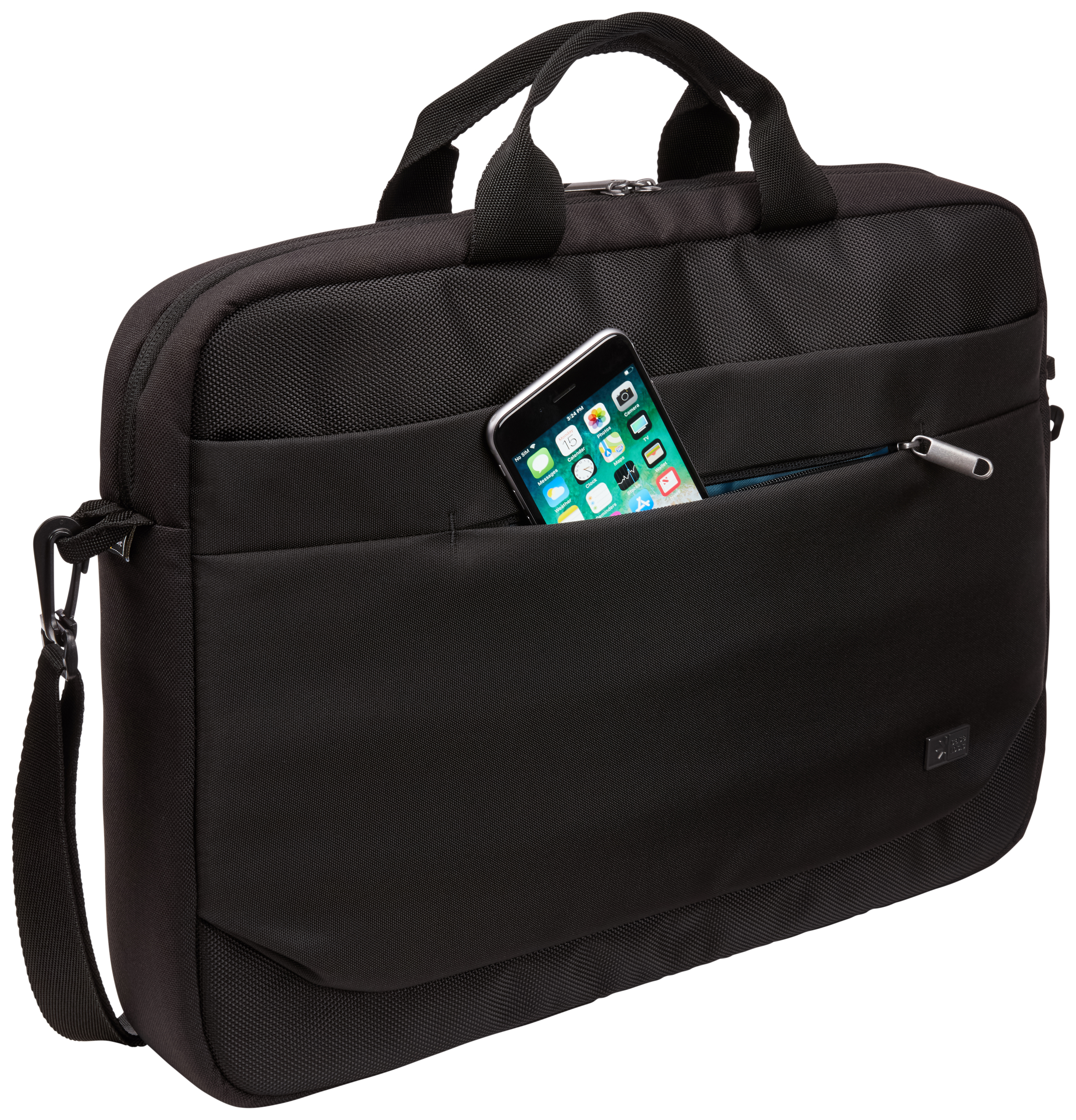 Borsa per laptop nera. Un telefono è nella tasca anteriore. Sfondo bianco.
