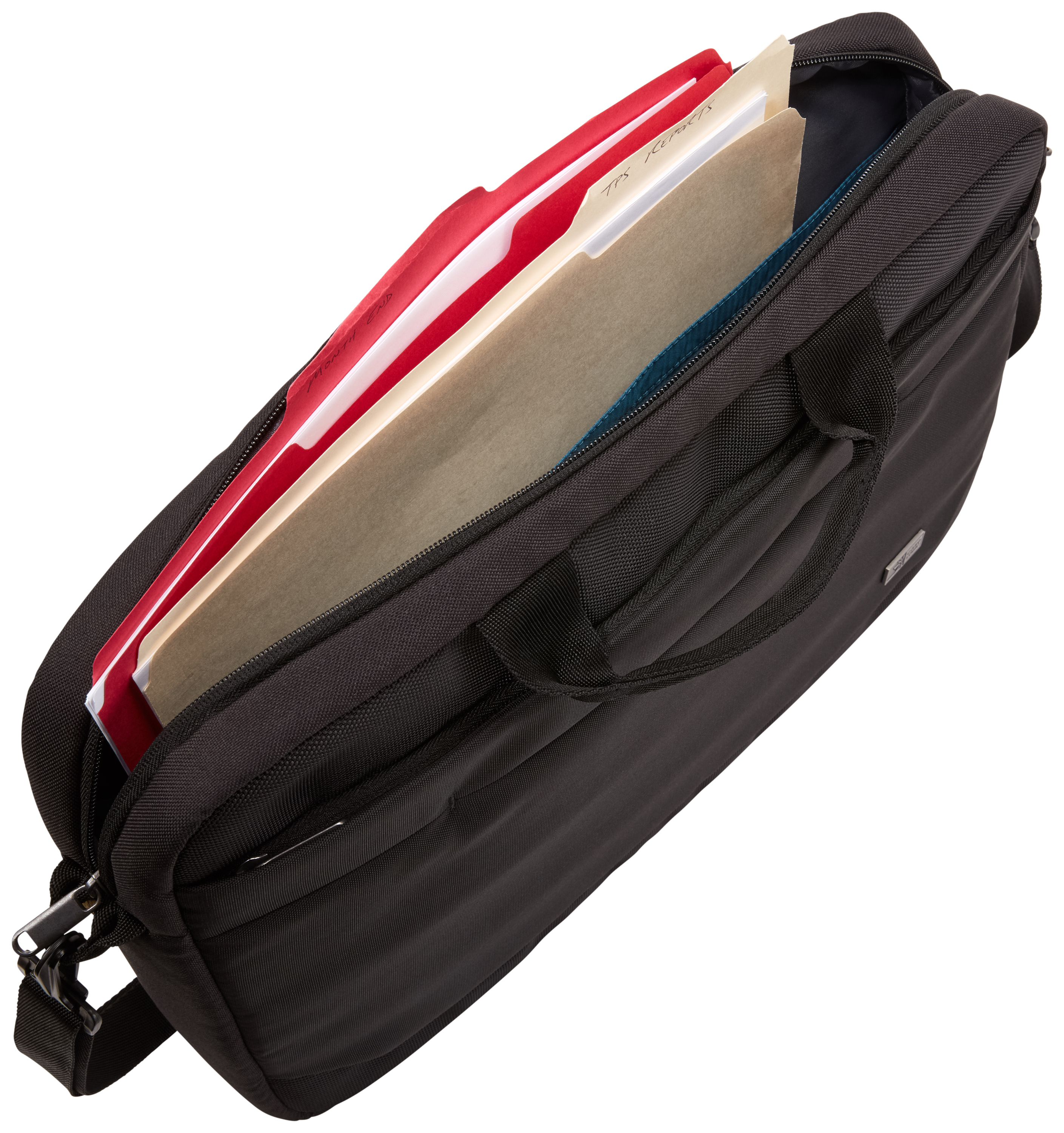Borsa per laptop nera, aperta. Contiene file in cartelle. Manico e tracolla neri.