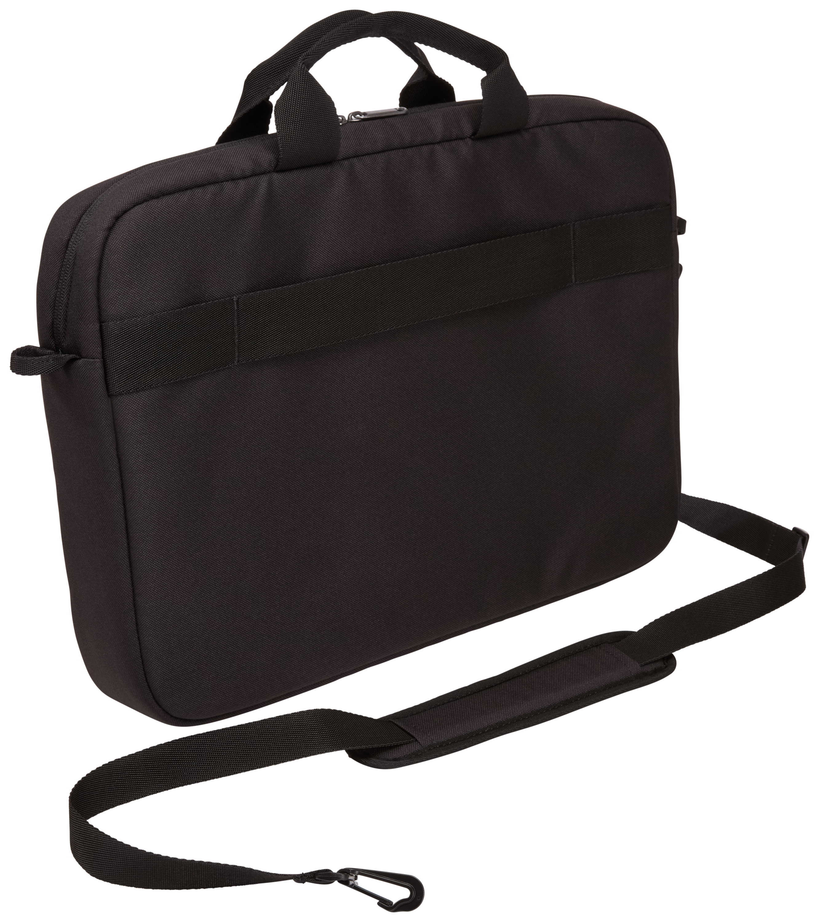 Borsa per laptop nera con tracolla. La borsa ha un manico.