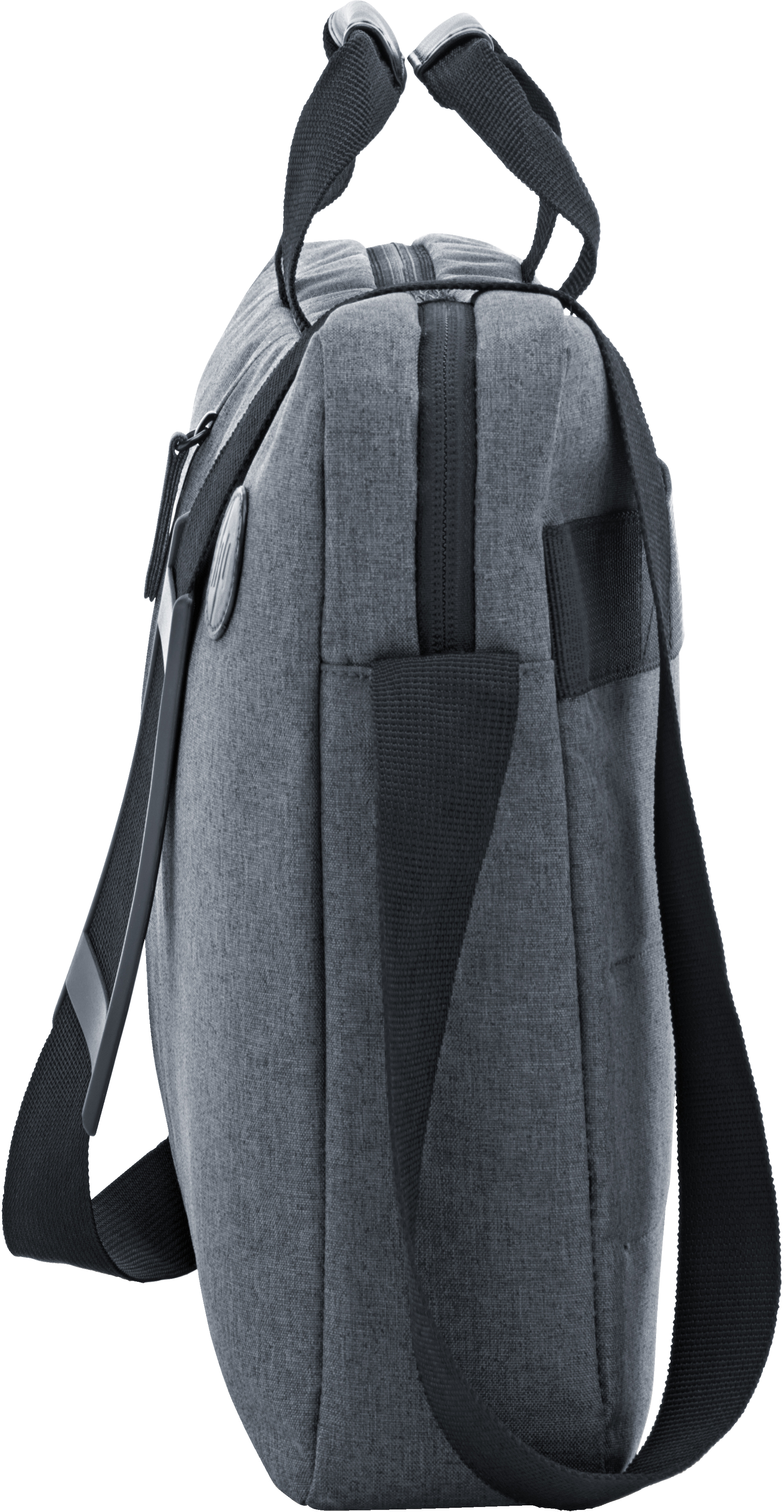 Graue Laptoptasche, Seitenansicht. Schwarzer Griff und Riemen. Weißer Hintergrund.