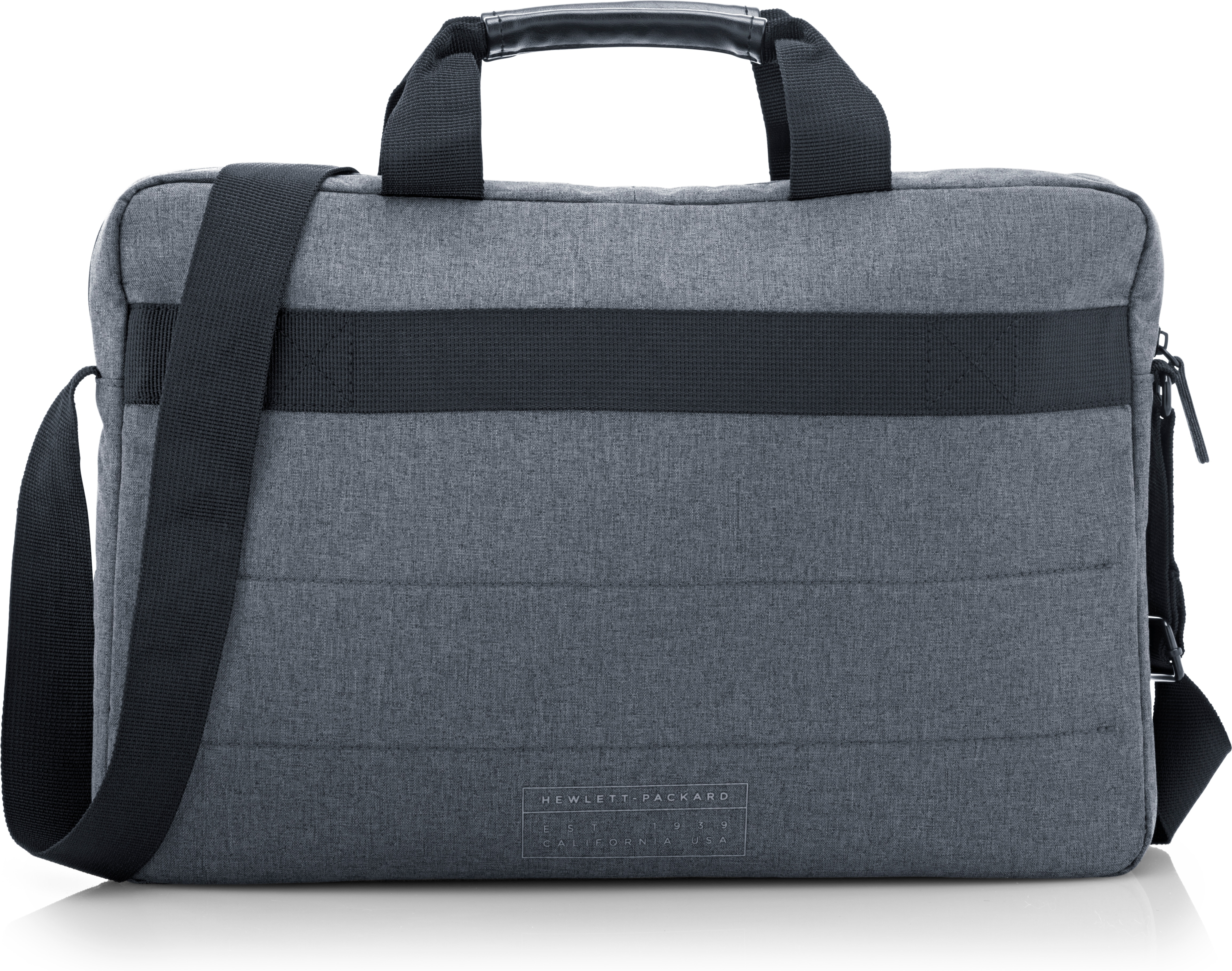 Graue Laptoptasche mit Schulterriemen und schwarzem Streifen. Hewlett-Packard-Logo sichtbar.