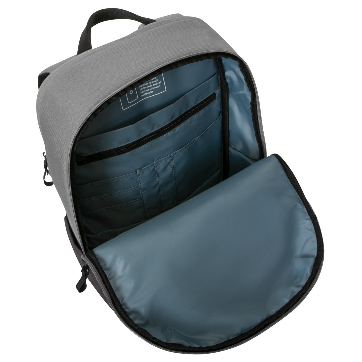Zaino grigio aperto, con tasche interne e fodera blu.