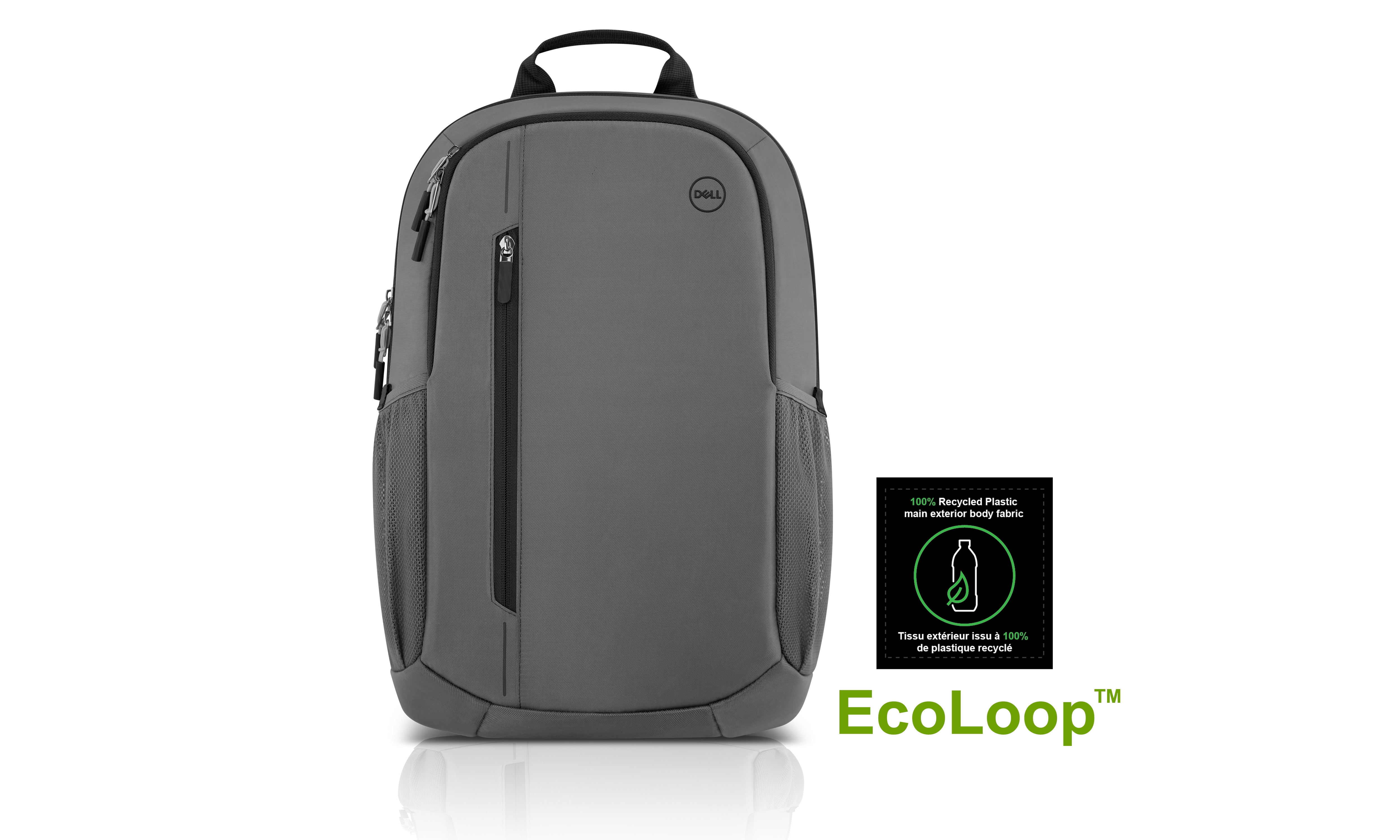 Gray Dell backpack with zipper pockets and a handle, EcoLoop logo.