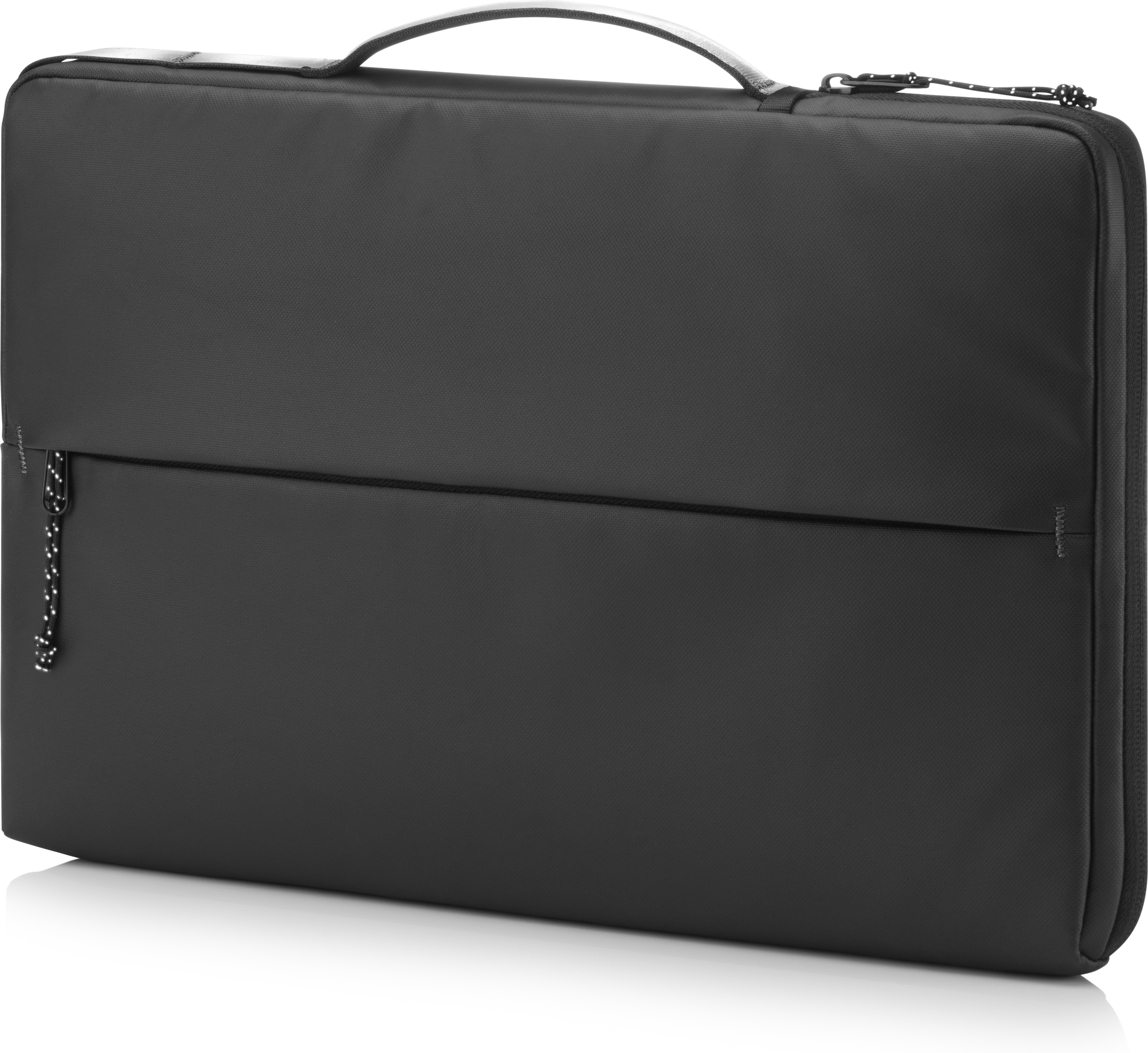 Zwarte laptoptas met handvat en rits. Het merk "HP" is niet zichtbaar.