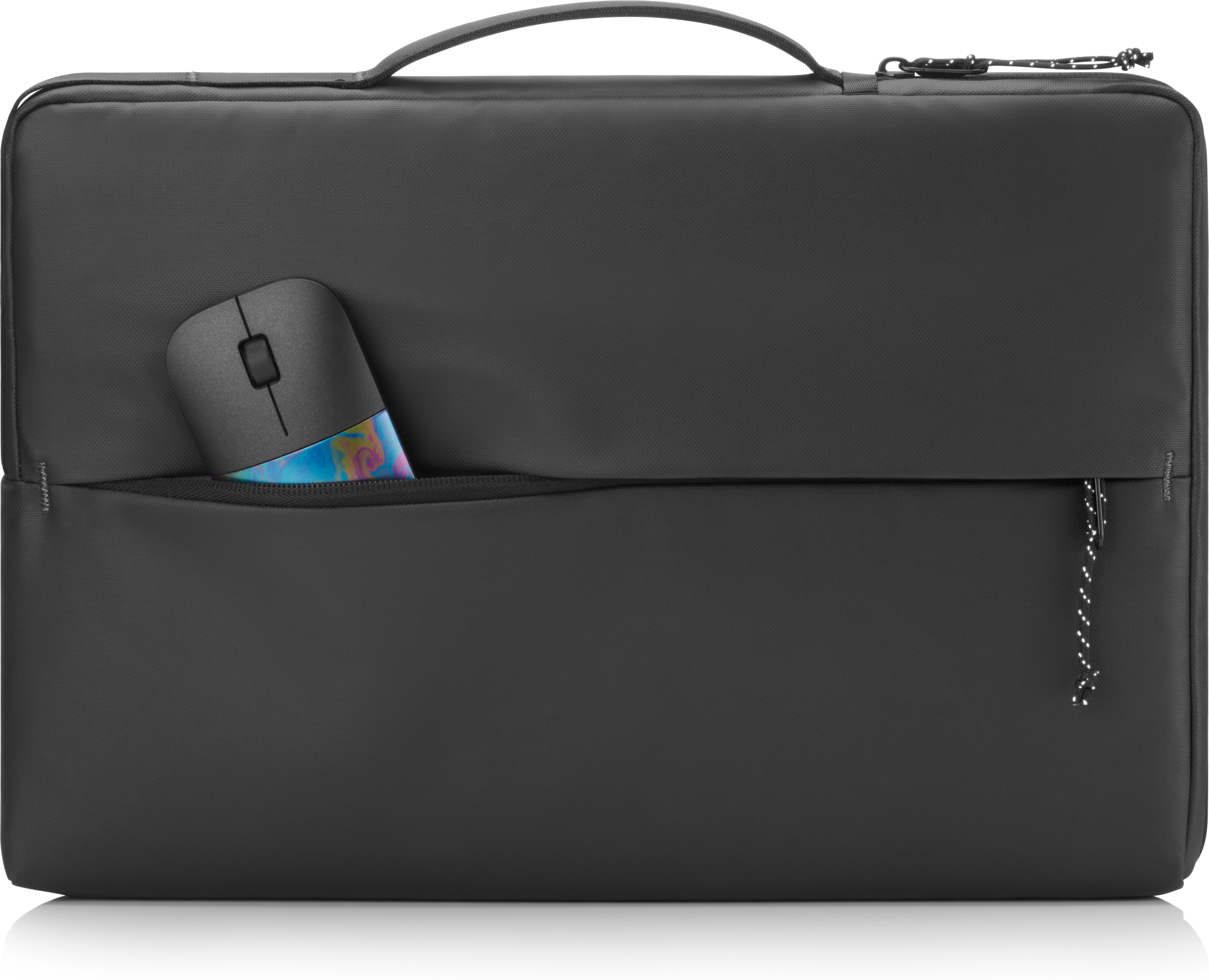 Zwarte laptoptas met een muis in de zak. Zwarte handgreep bovenop.