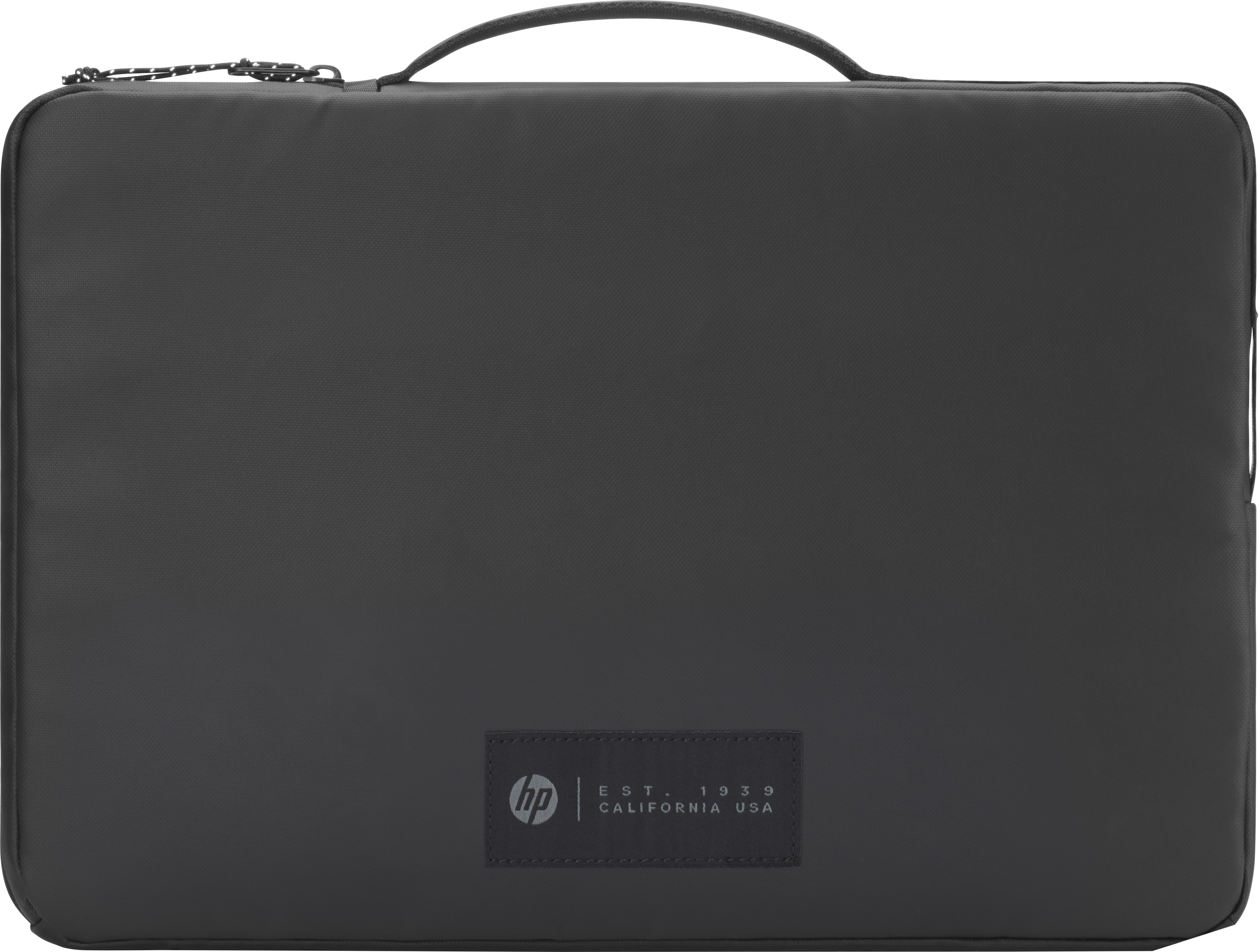 Een donkergrijze laptoptas met een handvat en een klein HP-logo. Met rits gesloten.
