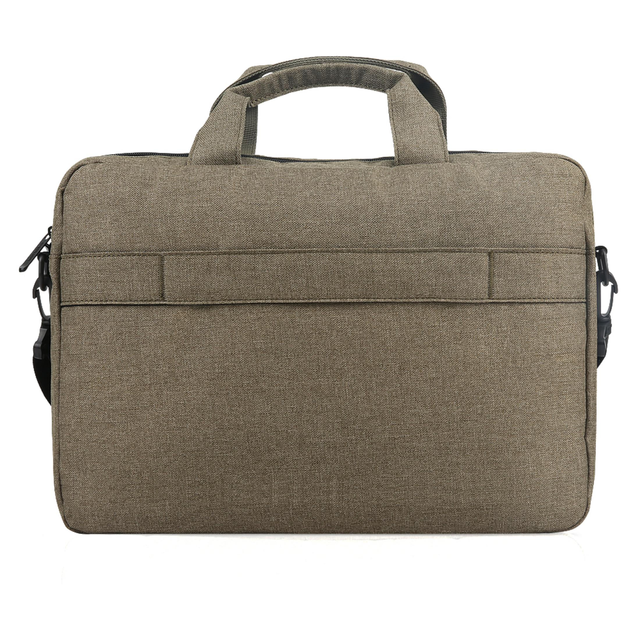Una borsa per laptop marrone con maniglia e attacchi per tracolla. Ha un design semplice.