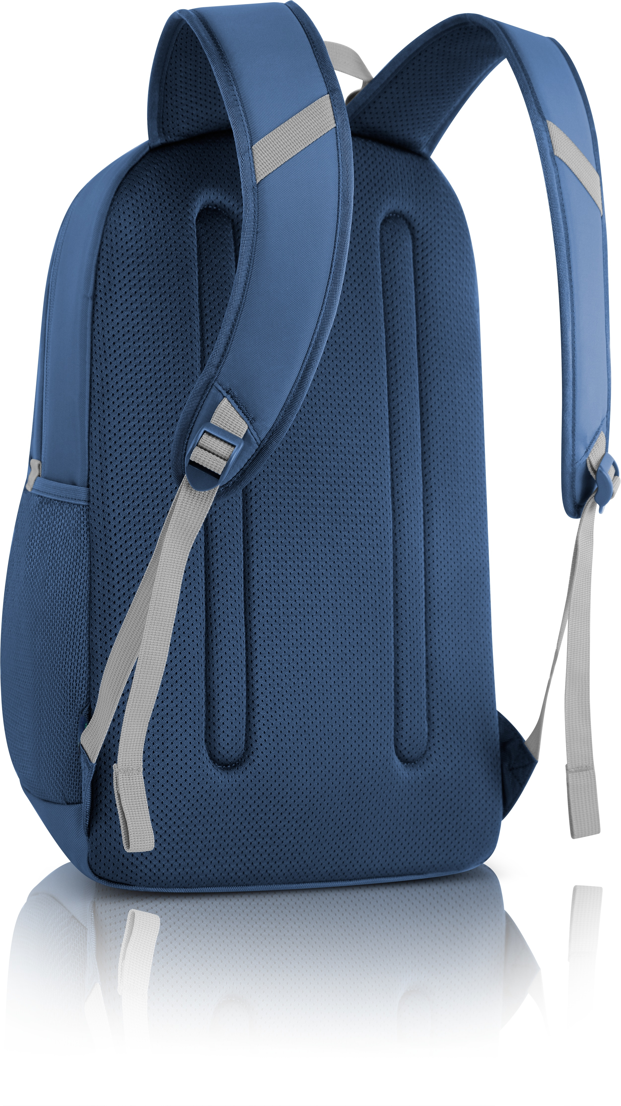 Blauer Rucksack mit grauen Trägern. Mesh-Rückwand. Reflektierende Streifen an den Schultergurten.