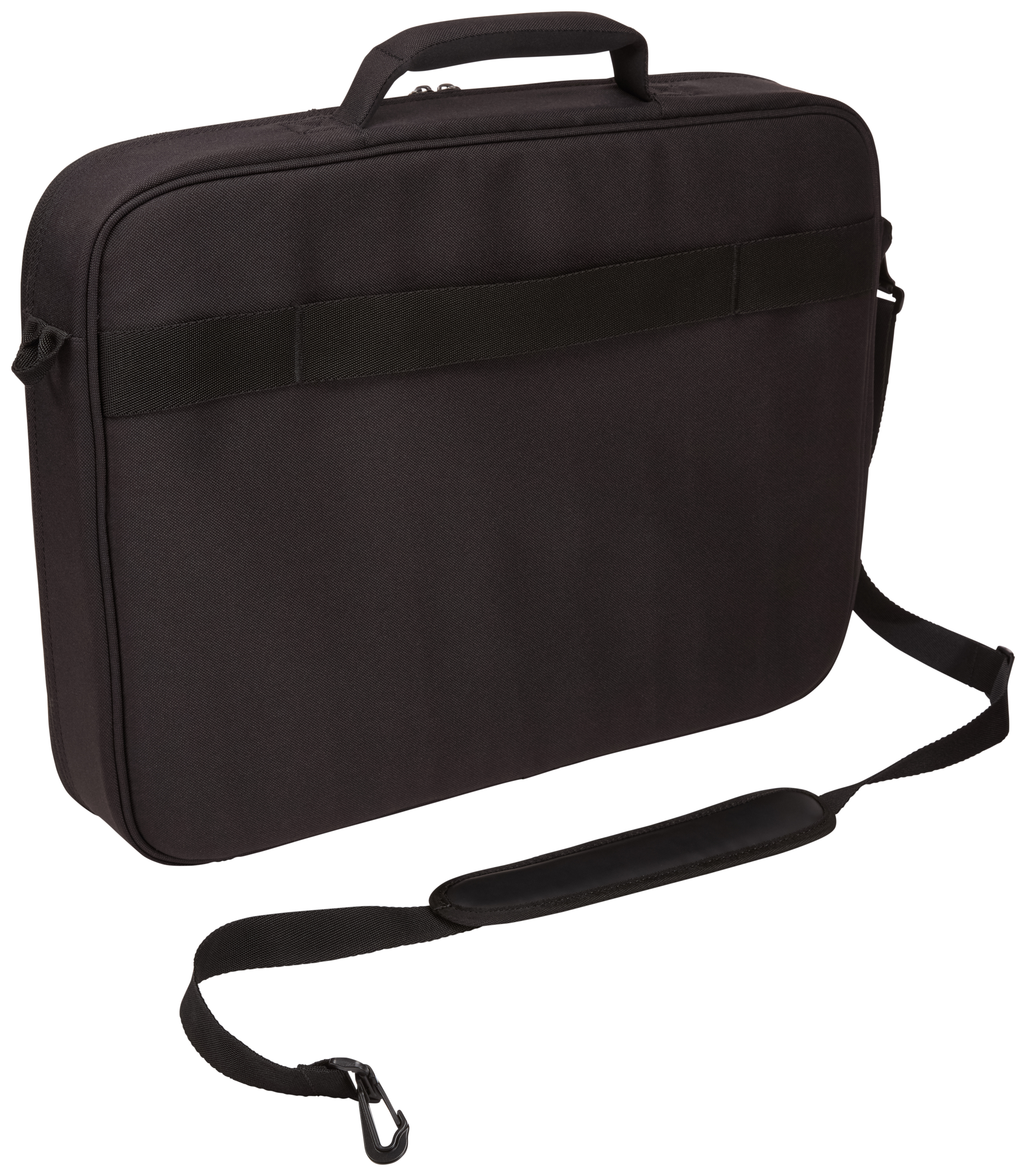 Zwarte laptoptas, handvat en riem. Witte achtergrond.