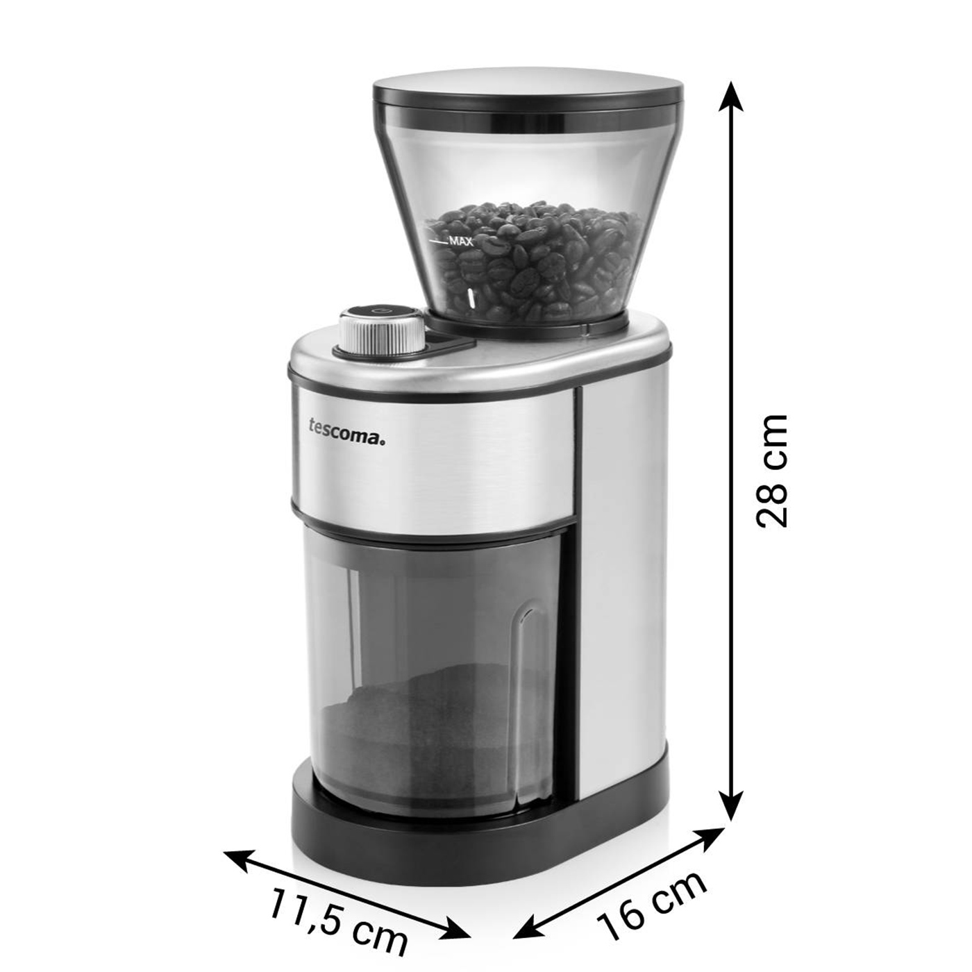 Silberne Kaffeemühle mit schwarzen Bohnen. Abmessungen sind angegeben. Weißer Hintergrund.