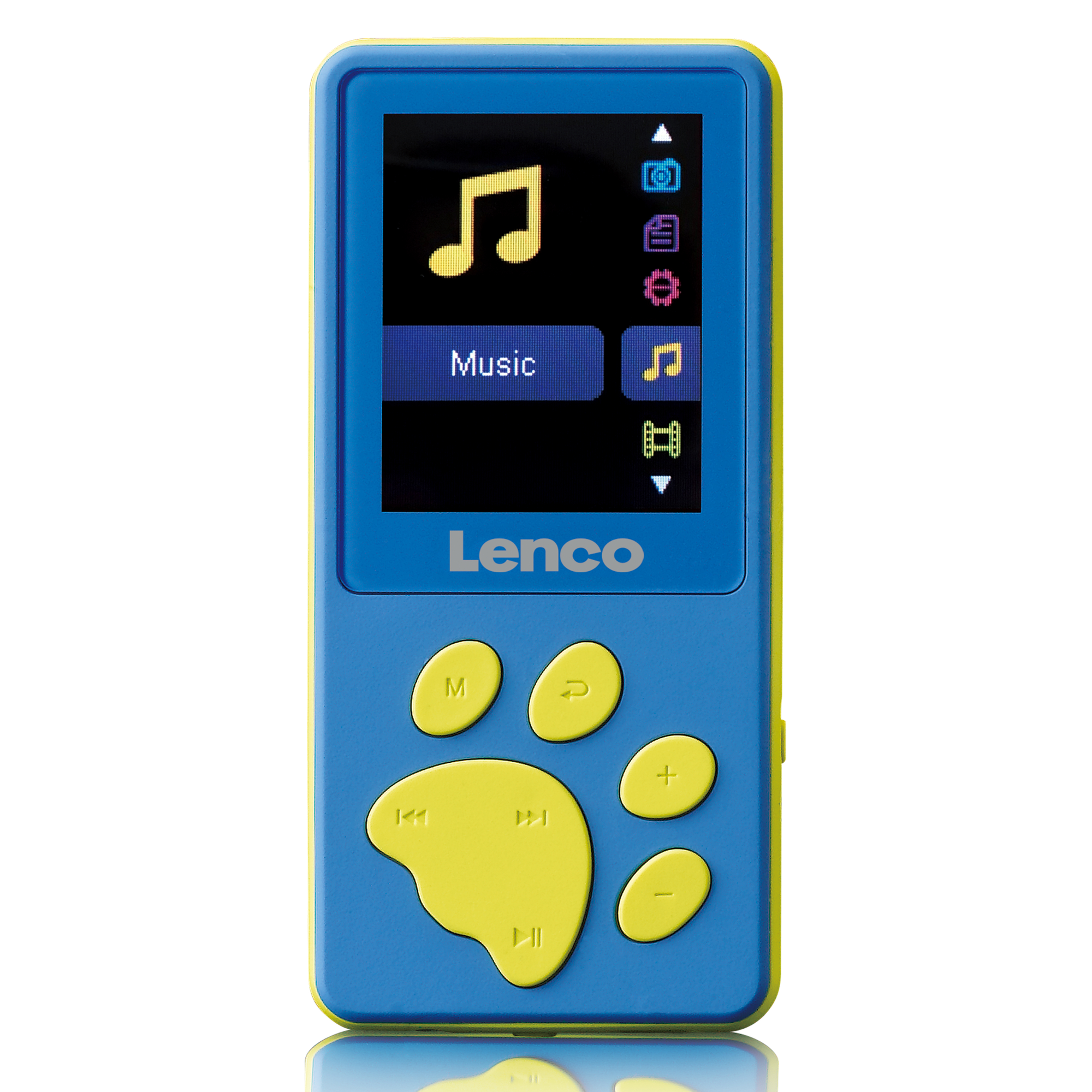 Blau-gelber MP3-Player mit Pfotenabdruck-Design. Der Bildschirm zeigt das Wort 'Musik' und eine Musiknote.