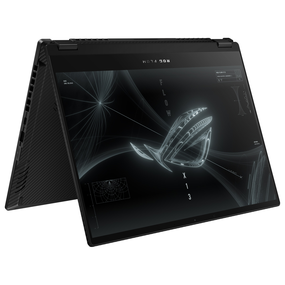 Laptop nero con logo ROG sullo schermo, aperto e rivolto verso lo spettatore.
