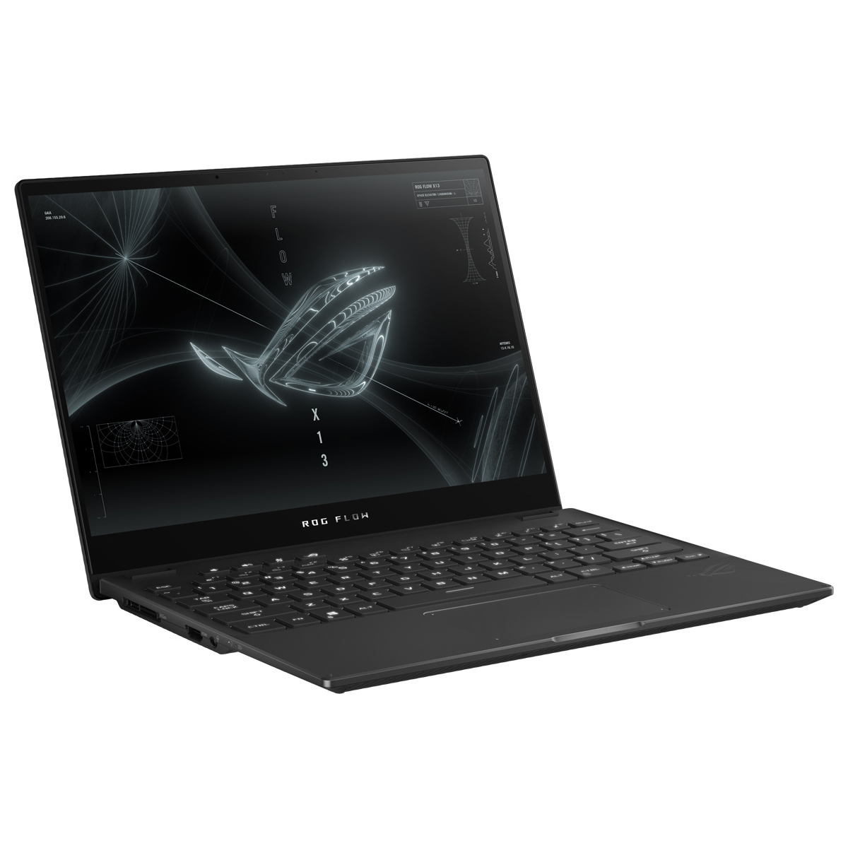 Laptop nero, aperto, vista angolata. Schermo mostra design, tastiera visibile. Superficie nera.