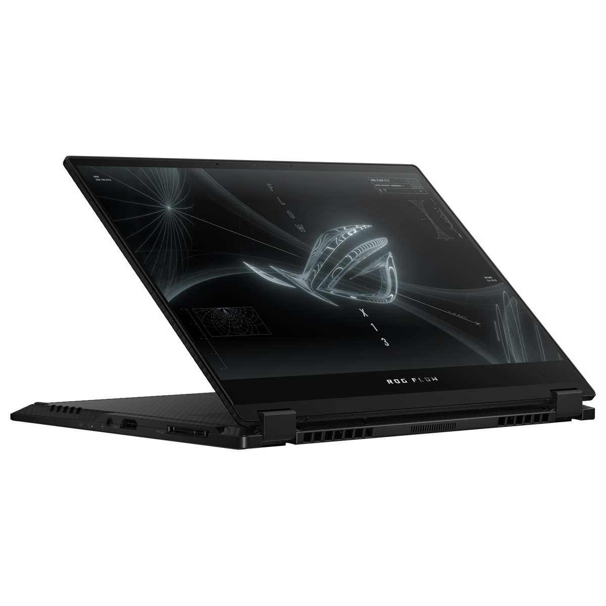 Laptop ROG Flow nero, aperto. Lo schermo mostra un design geometrico, su una superficie bianca.