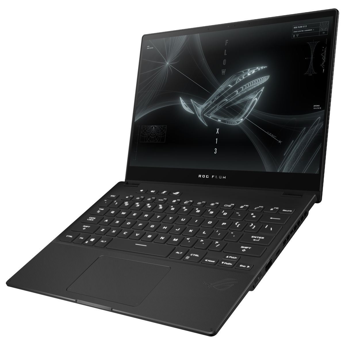 Un laptop nero con schermo bianco. La tastiera e il touchpad sono visibili. Lo sfondo è bianco.