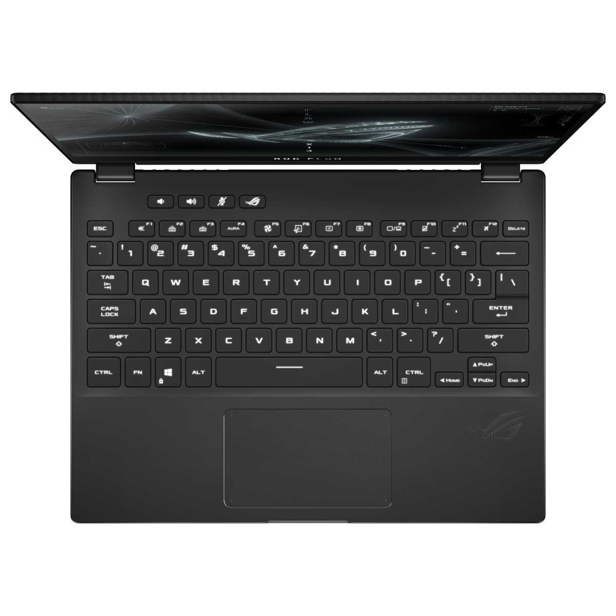 Tastiera, touchpad e schermo del laptop neri, vista dall'alto, su superficie bianca.