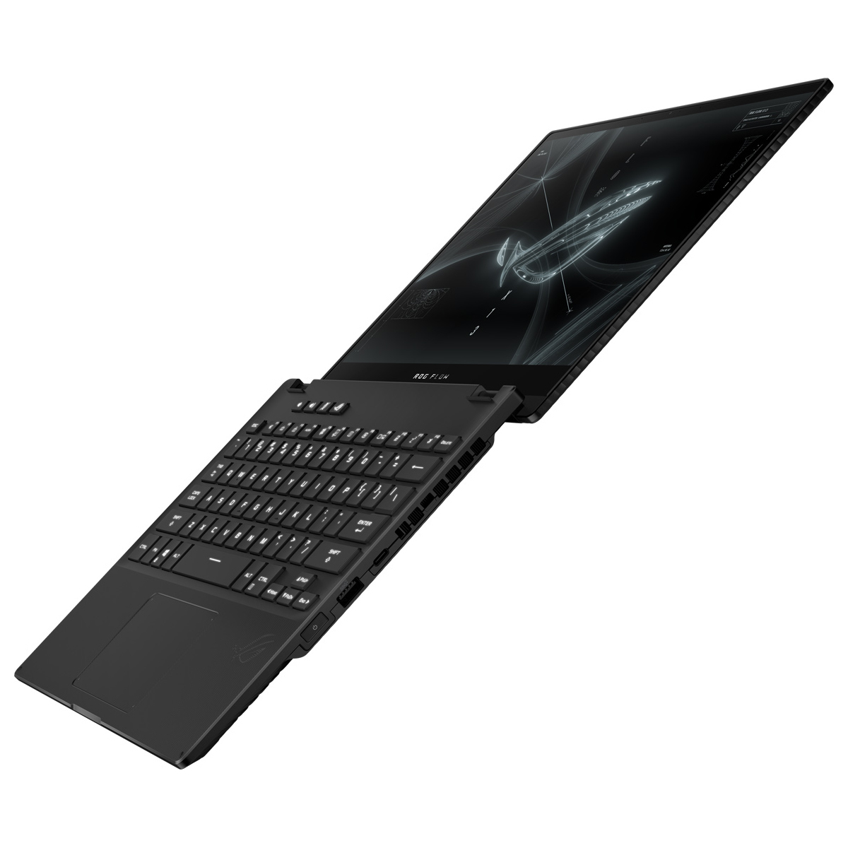 Laptop nero aperto ad angolo, che mostra tastiera e schermo, su sfondo bianco.