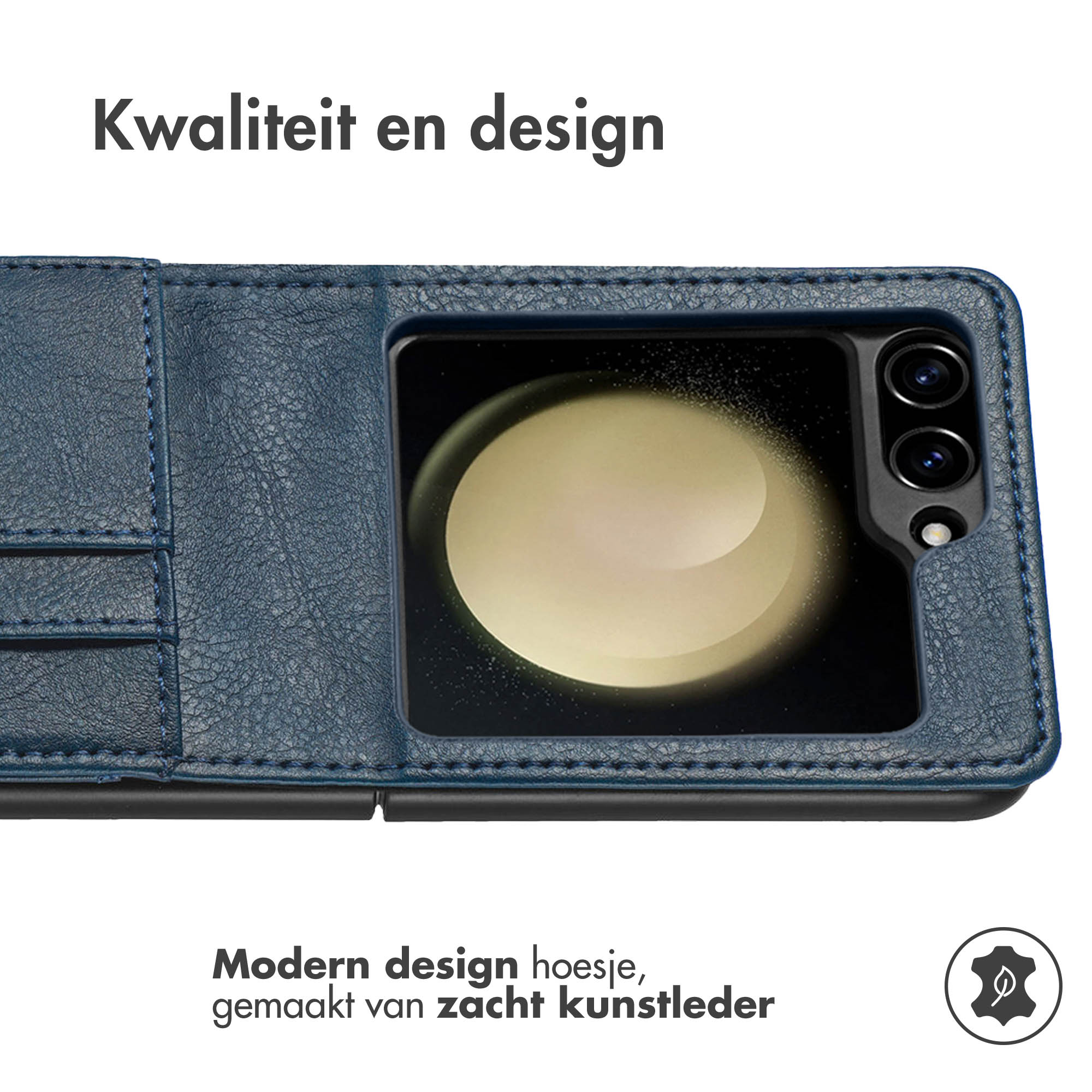 Étui de téléphone bleu en similicuir avec découpe pour appareil photo et image.