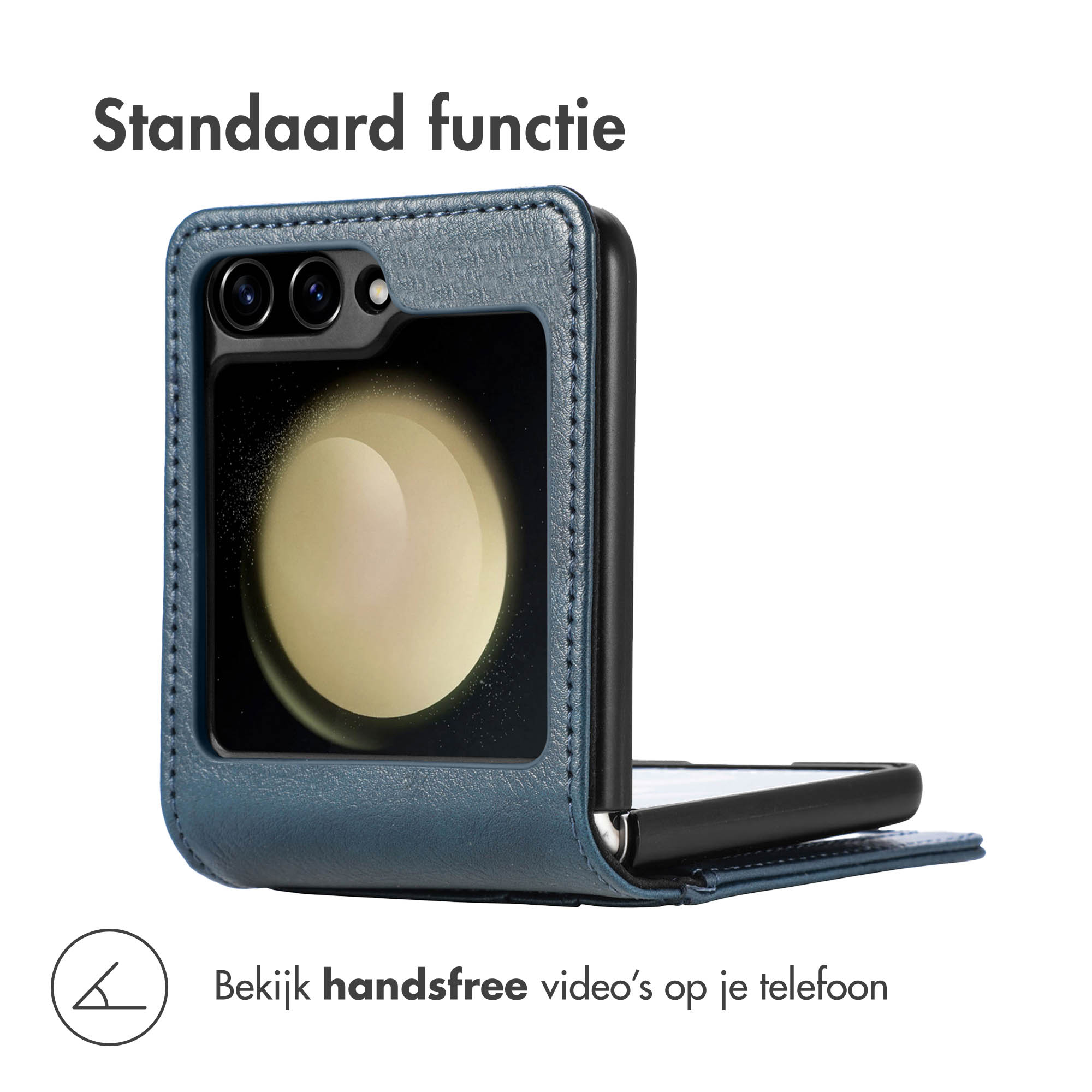 Étui bleu pour téléphone à clapet avec caméras et écran vierge, ouvert.