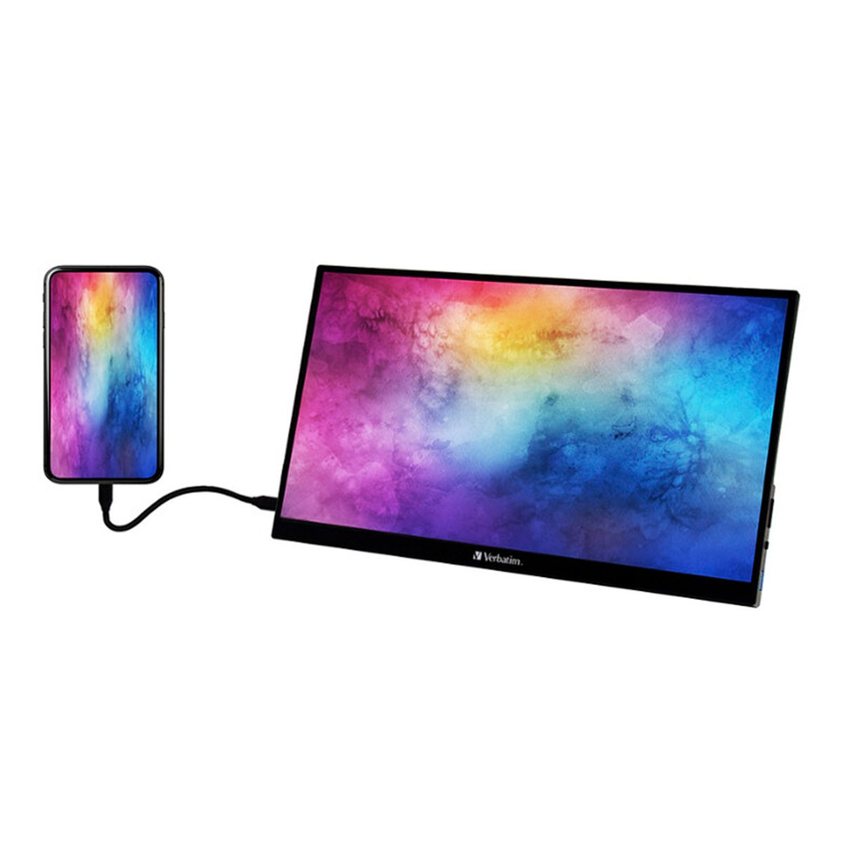 Telefon komórkowy podłączony do przenośnego monitora Verbatim, wyświetlający kolorową grafikę.