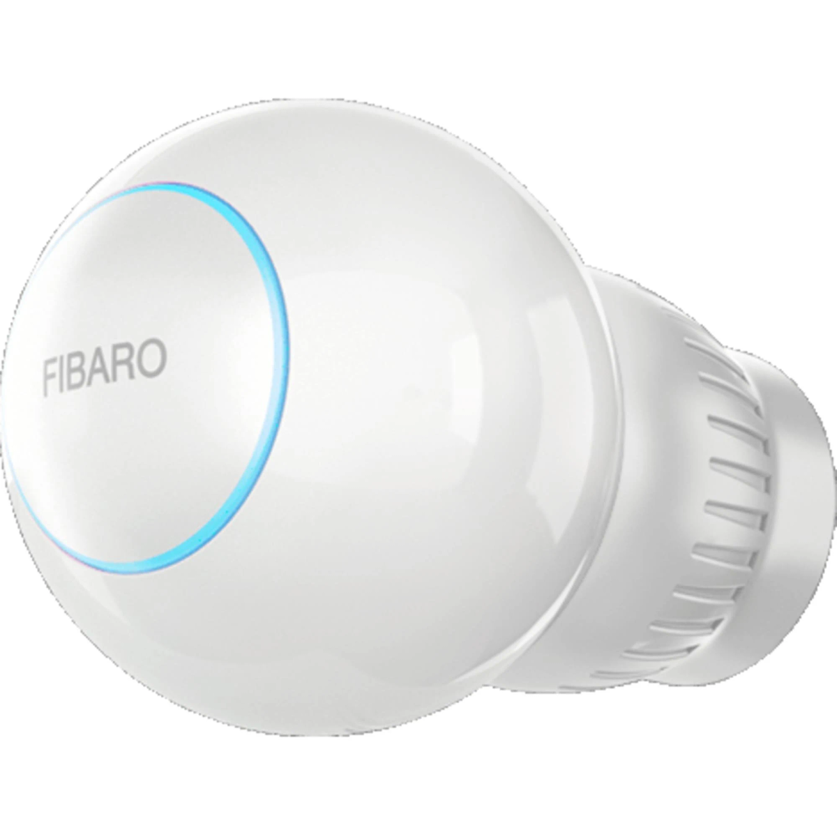 Weißes Smart-Home-Gerät mit blauem Lichtring, beschriftet mit Fibaro.