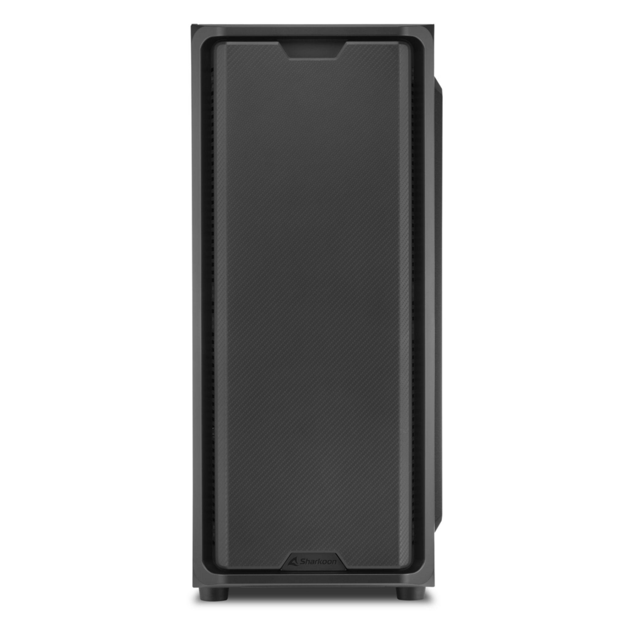 A black computer case with a textured front panel. The Sharkoon logo is at the bottom.