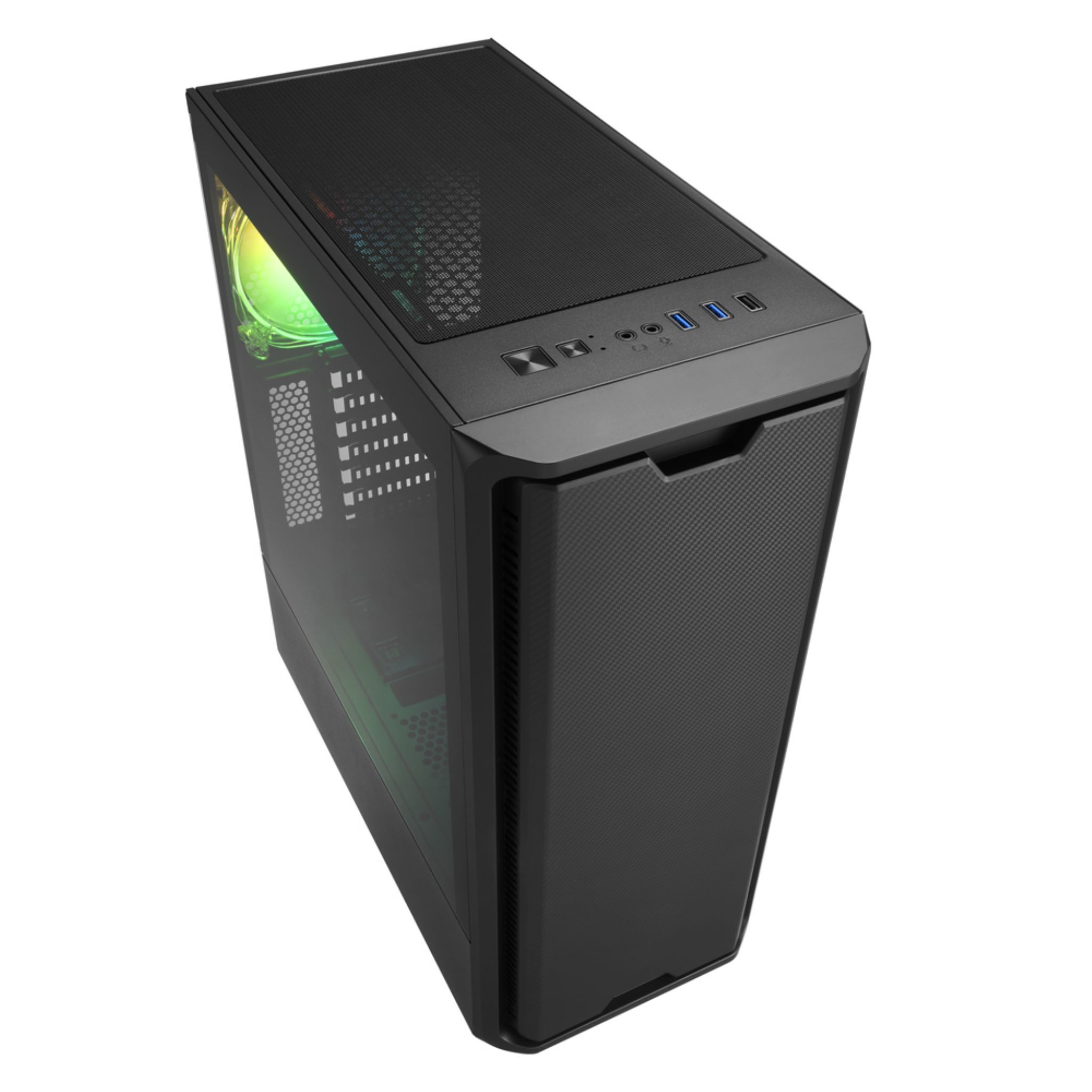Black computer case, top view. Glass side panel. Green light inside. White background.