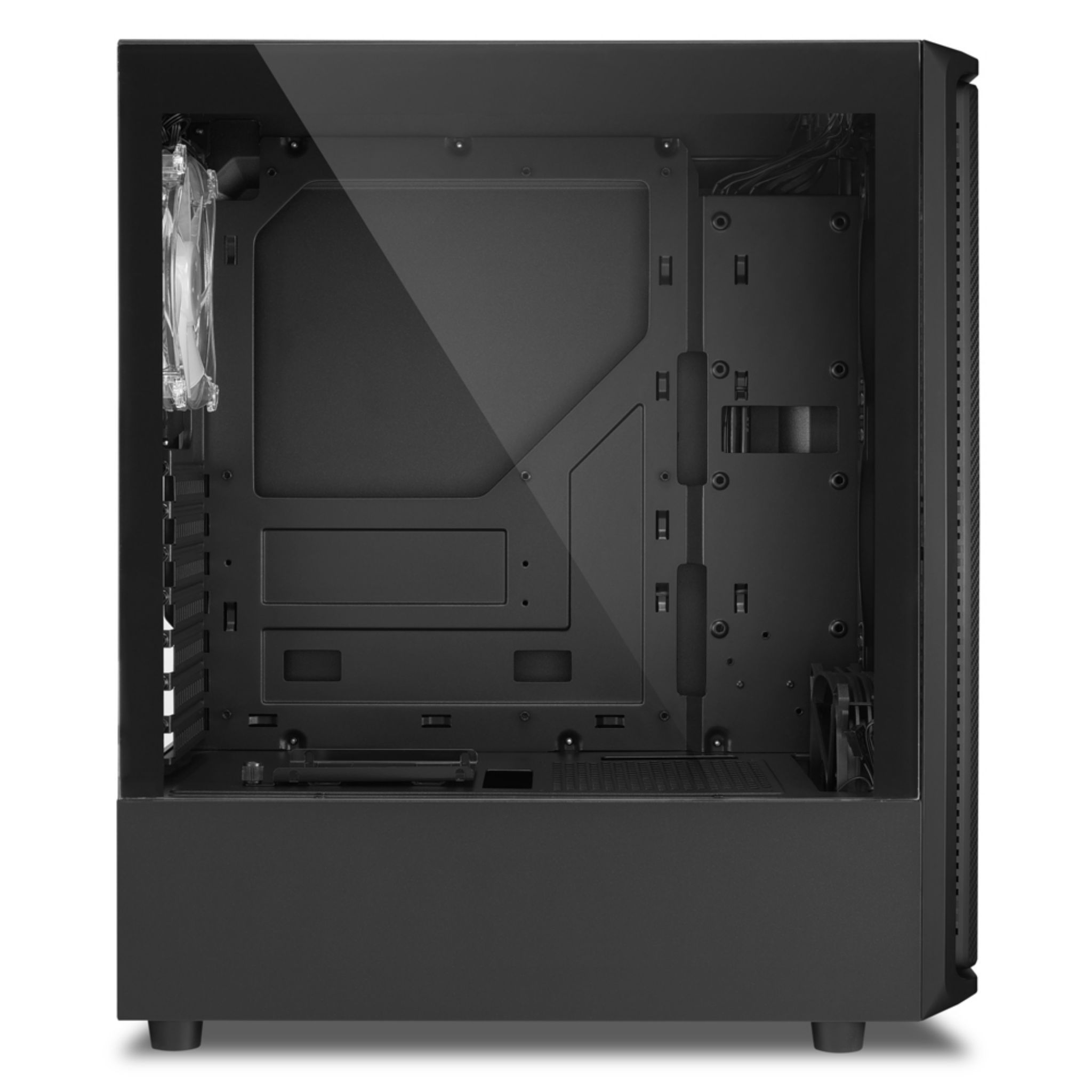 Black computer case, open, shows interior components. Clear side panel, fan visible.
