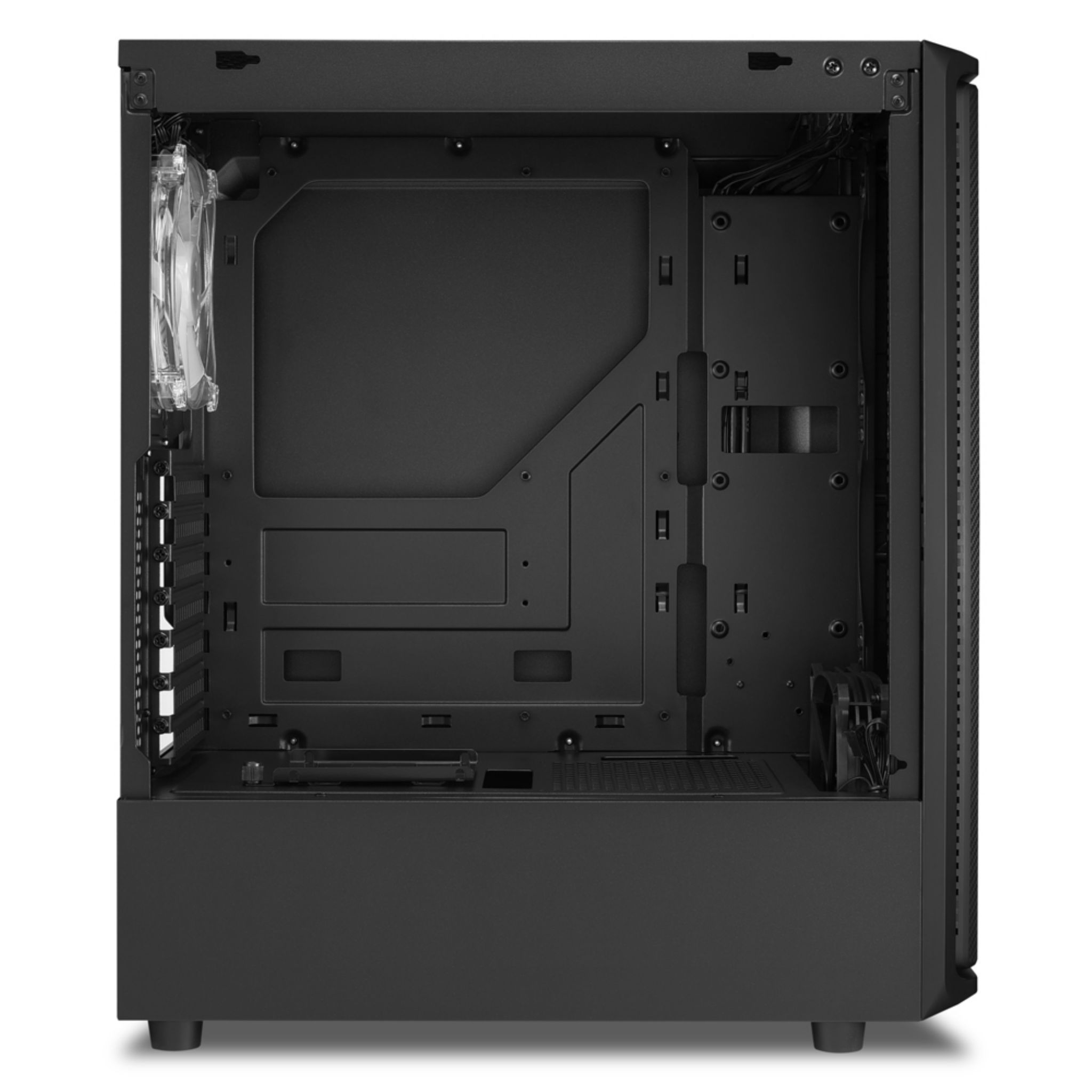 Black computer case interior. It is empty, showing internal structure and components slots.