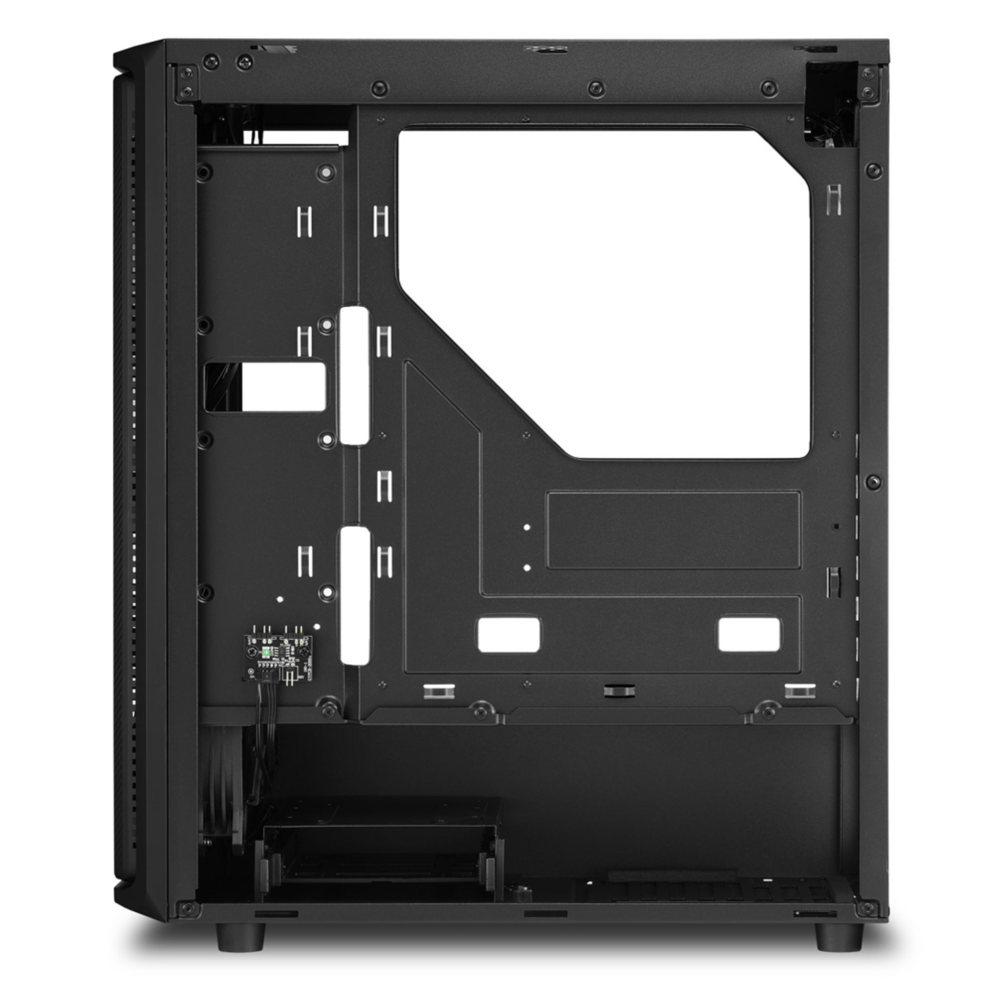 Black computer case interior. Open, showing motherboard area and other components mounts. White background.