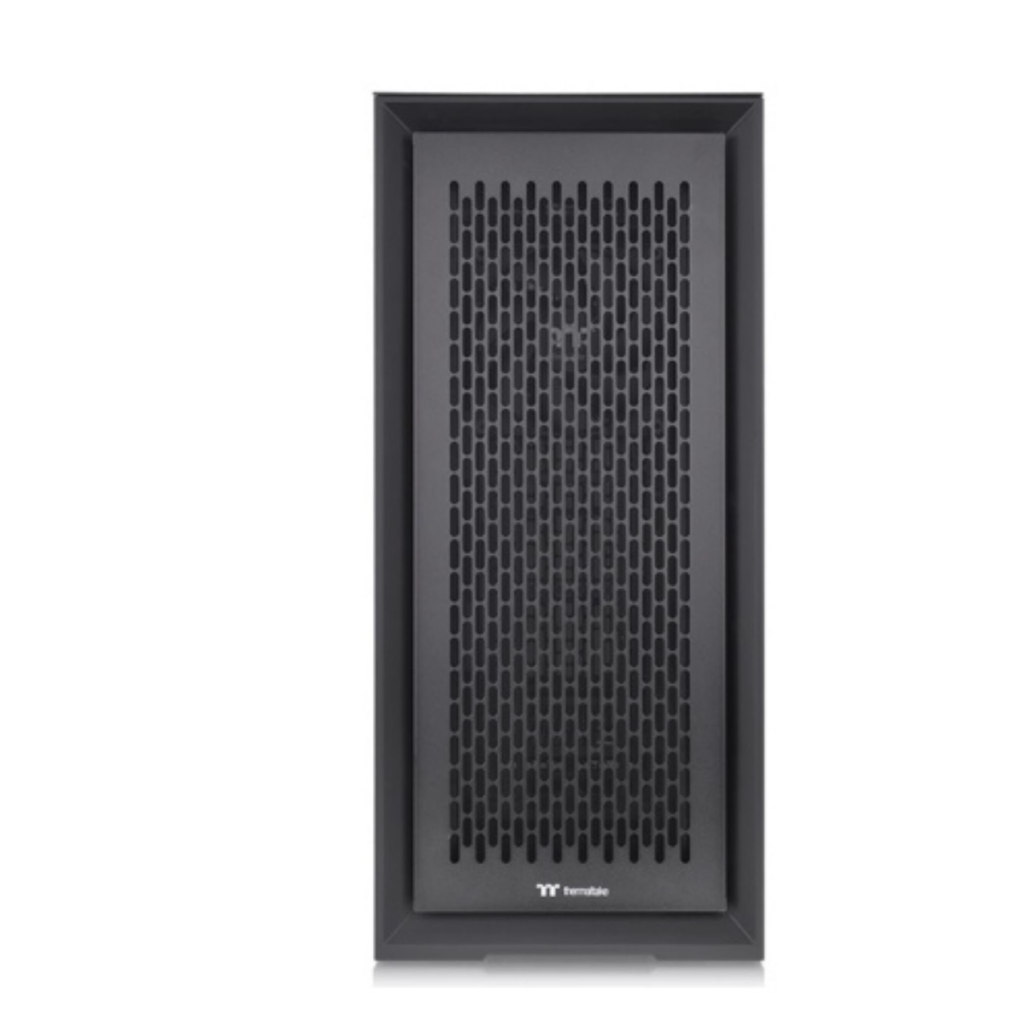 Black computer case with a mesh front. The case has a rectangular shape and ventilation holes.