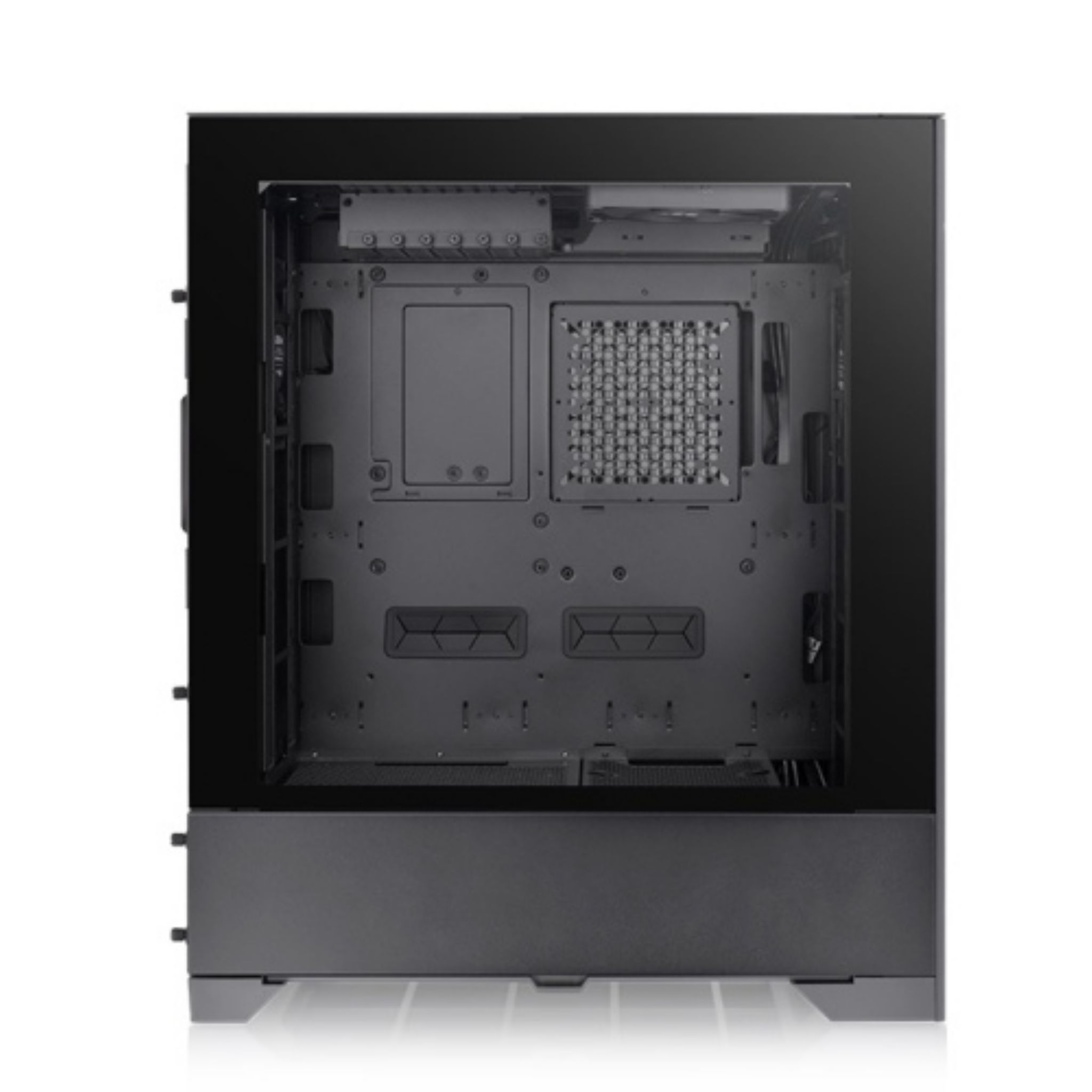 Black computer case with a glass side panel open. White background.