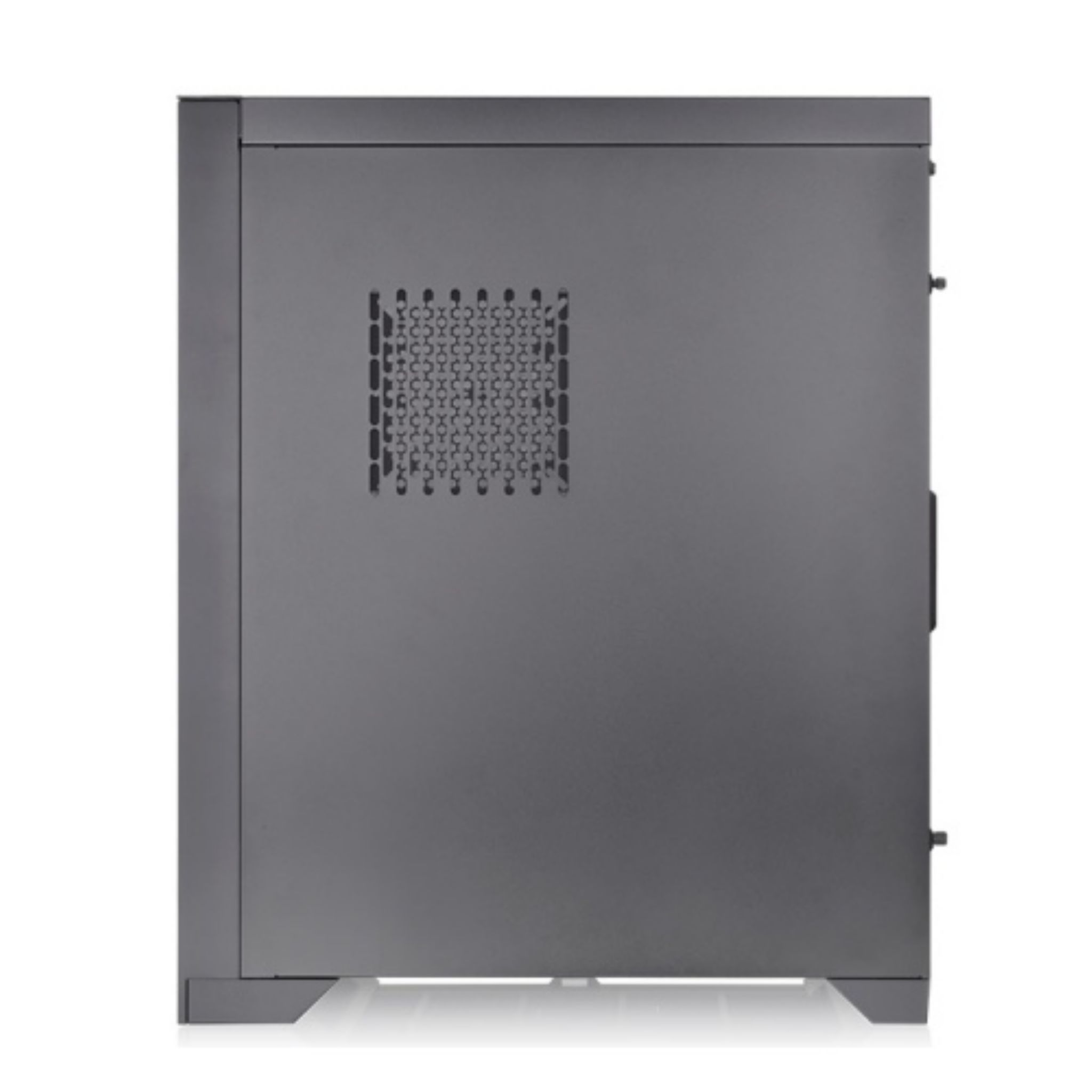 Black computer case side view. It has a square vent and a door with a handle.