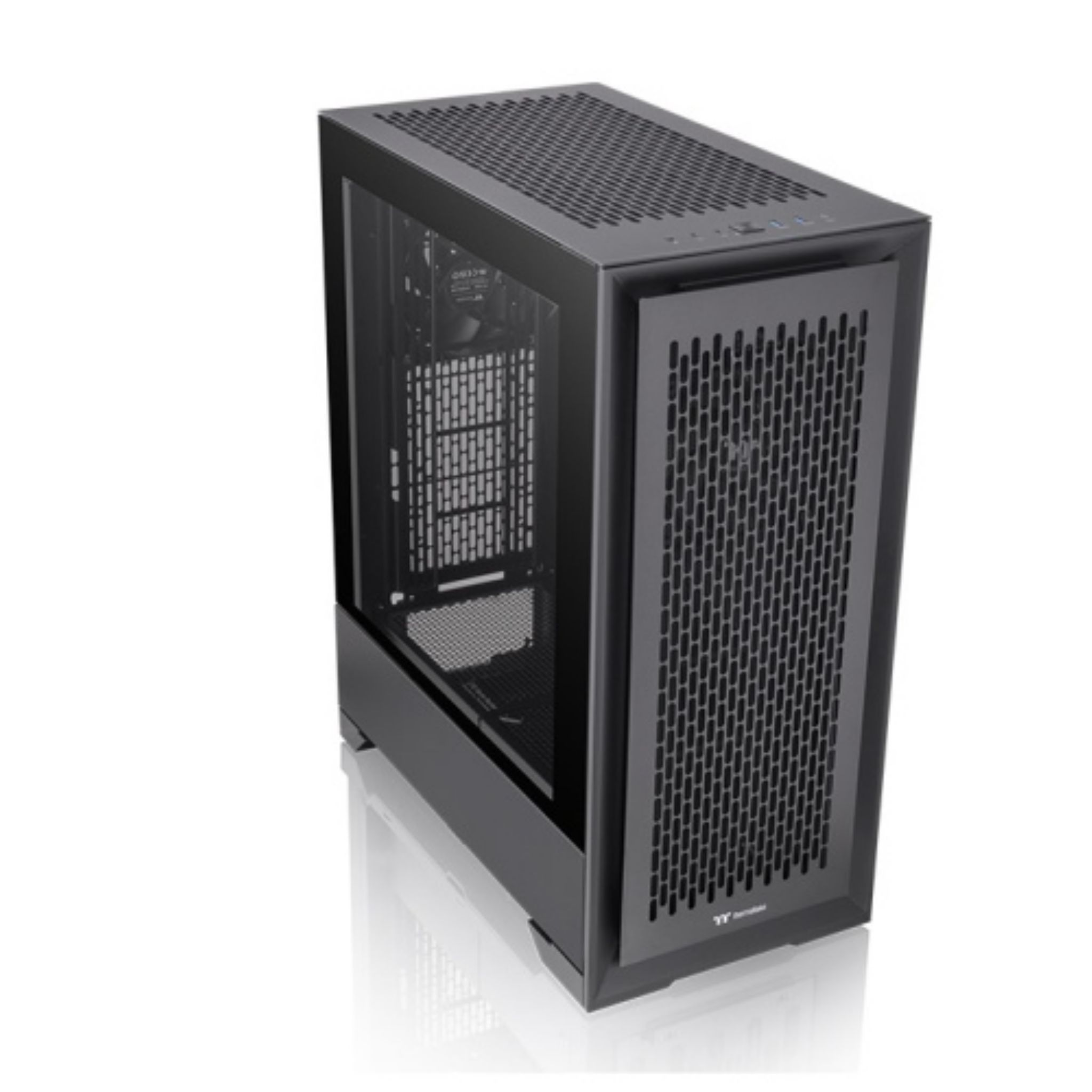 Black computer case with glass side panel and black grid front. White background.